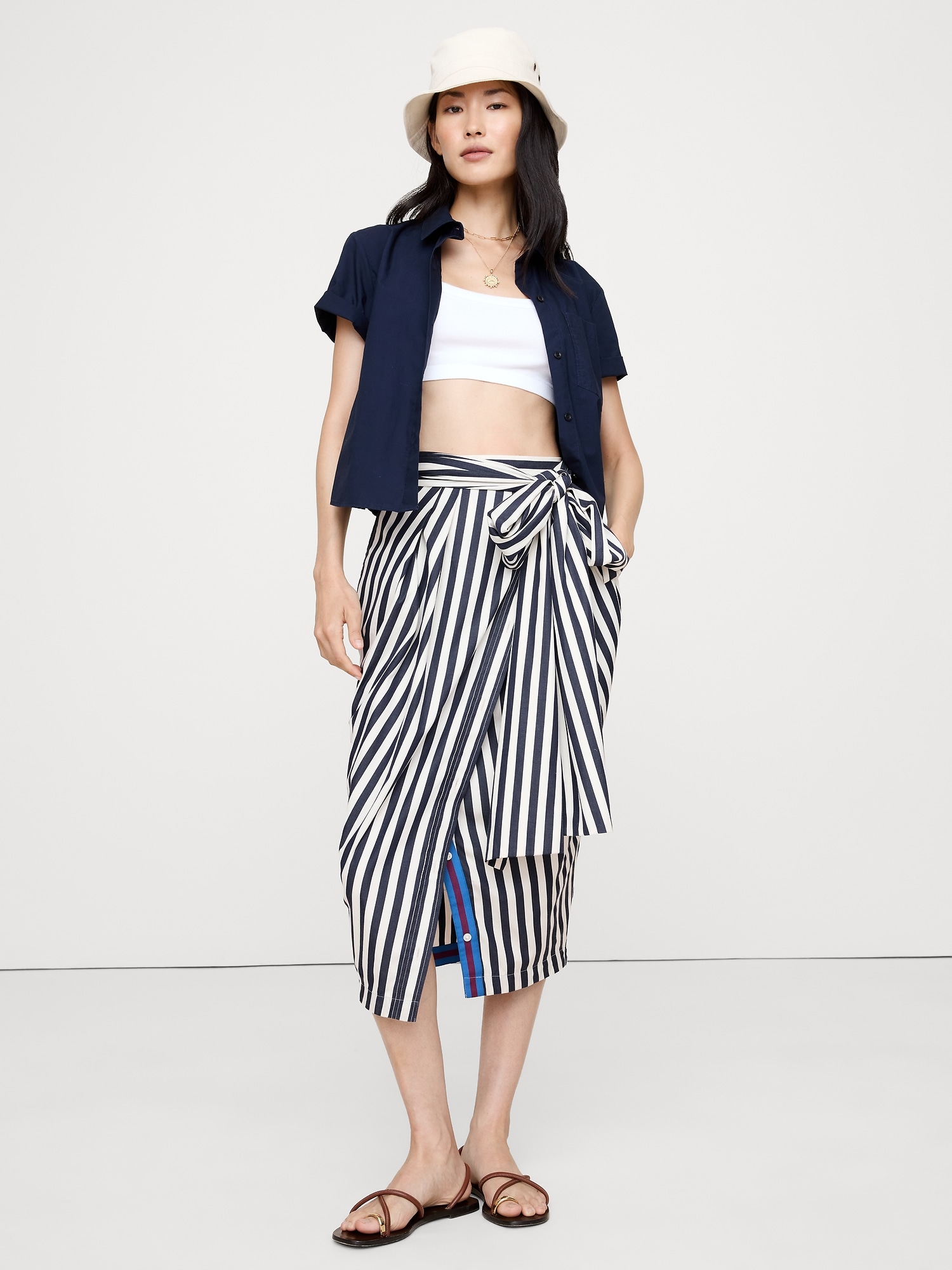COTTON POPLIN SHIRT-SLEEVE MIDI SKIRT - Navy Blue Stripe
