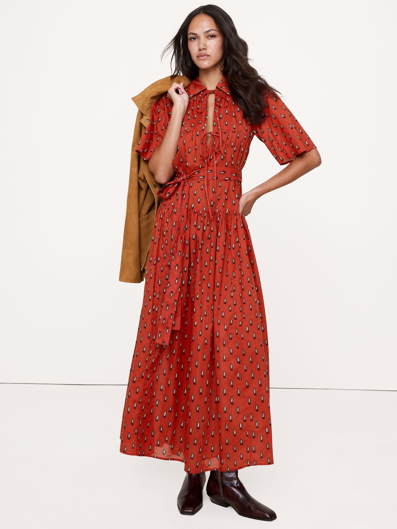 Cotton Tie-Front Shirt Dress - Spiced Cabernet Paisley