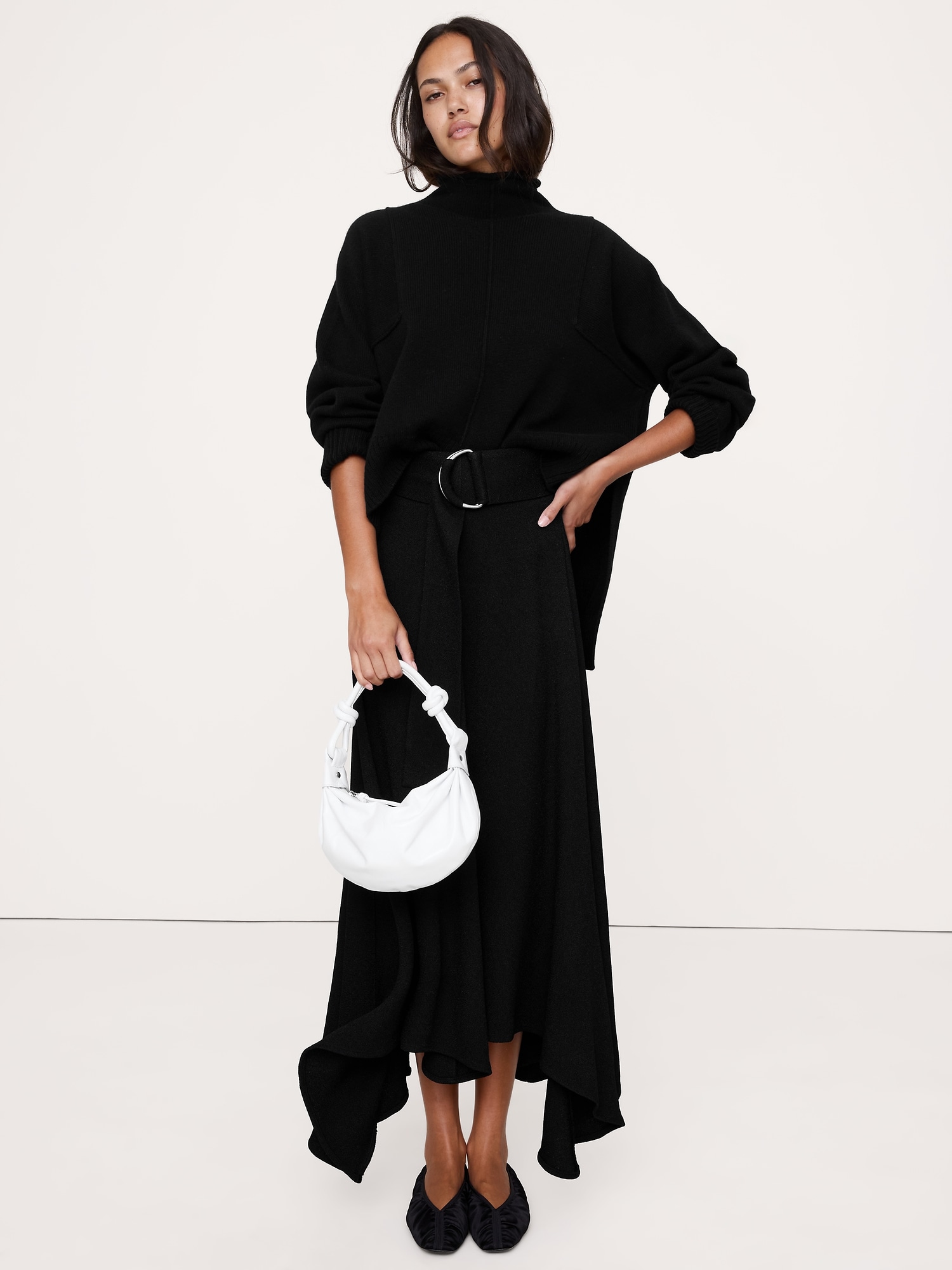 Pebbled Crepe Handkerchief-Hem Long Midi Skirt - Black