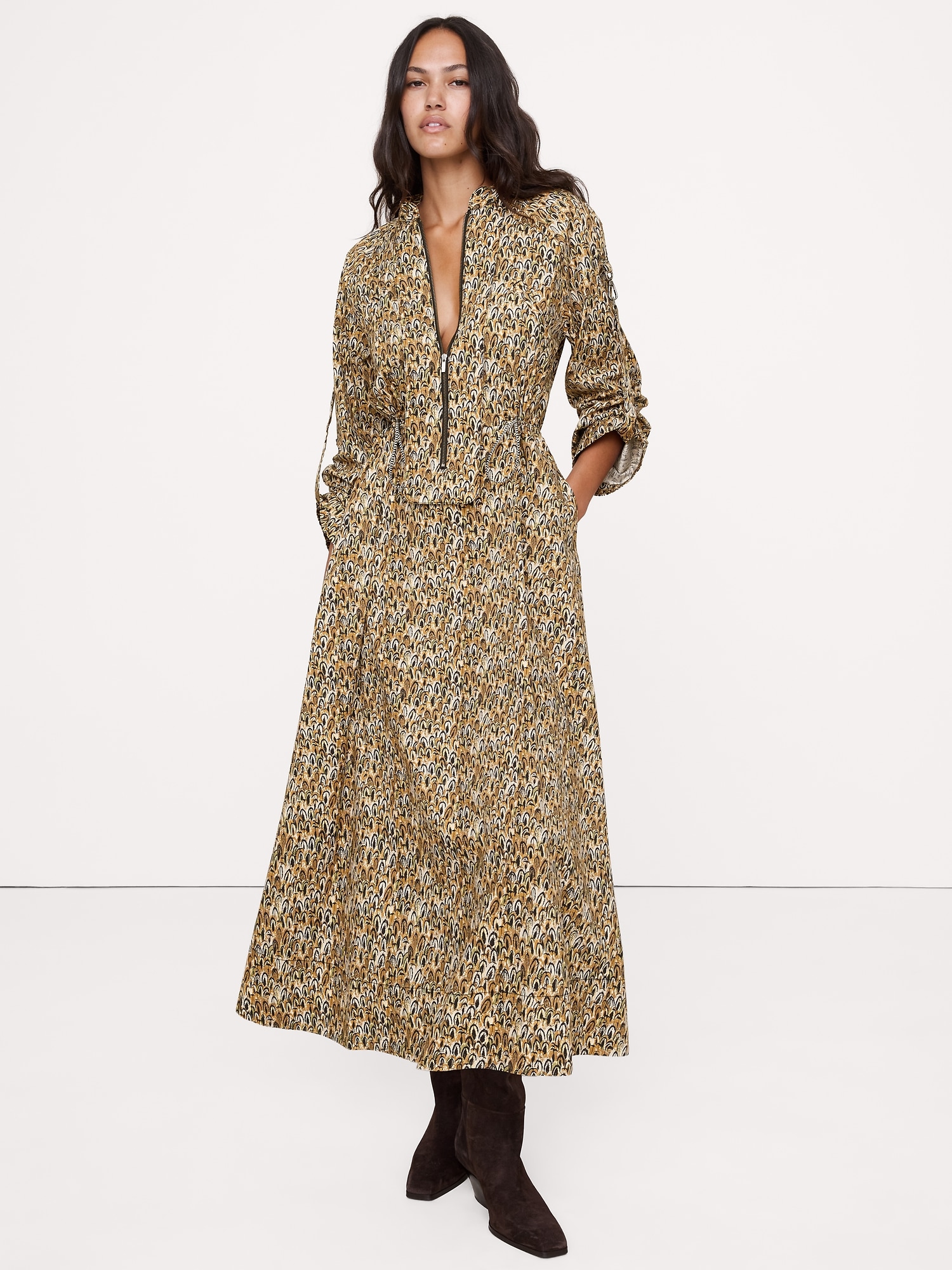 Cotton Utility Zip Long Midi Dress