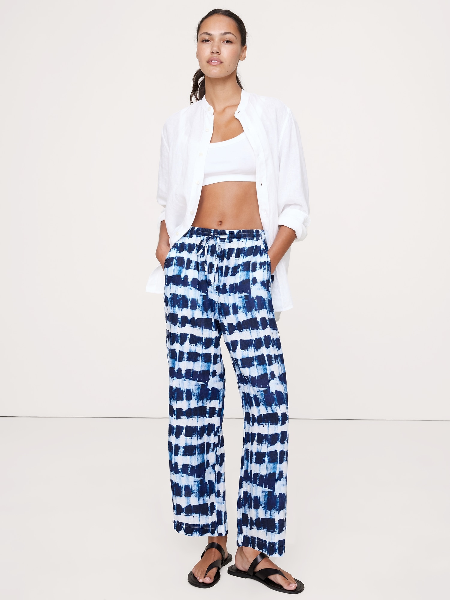 Pantalon à taille extensible en lin longueur cheville - Bleu