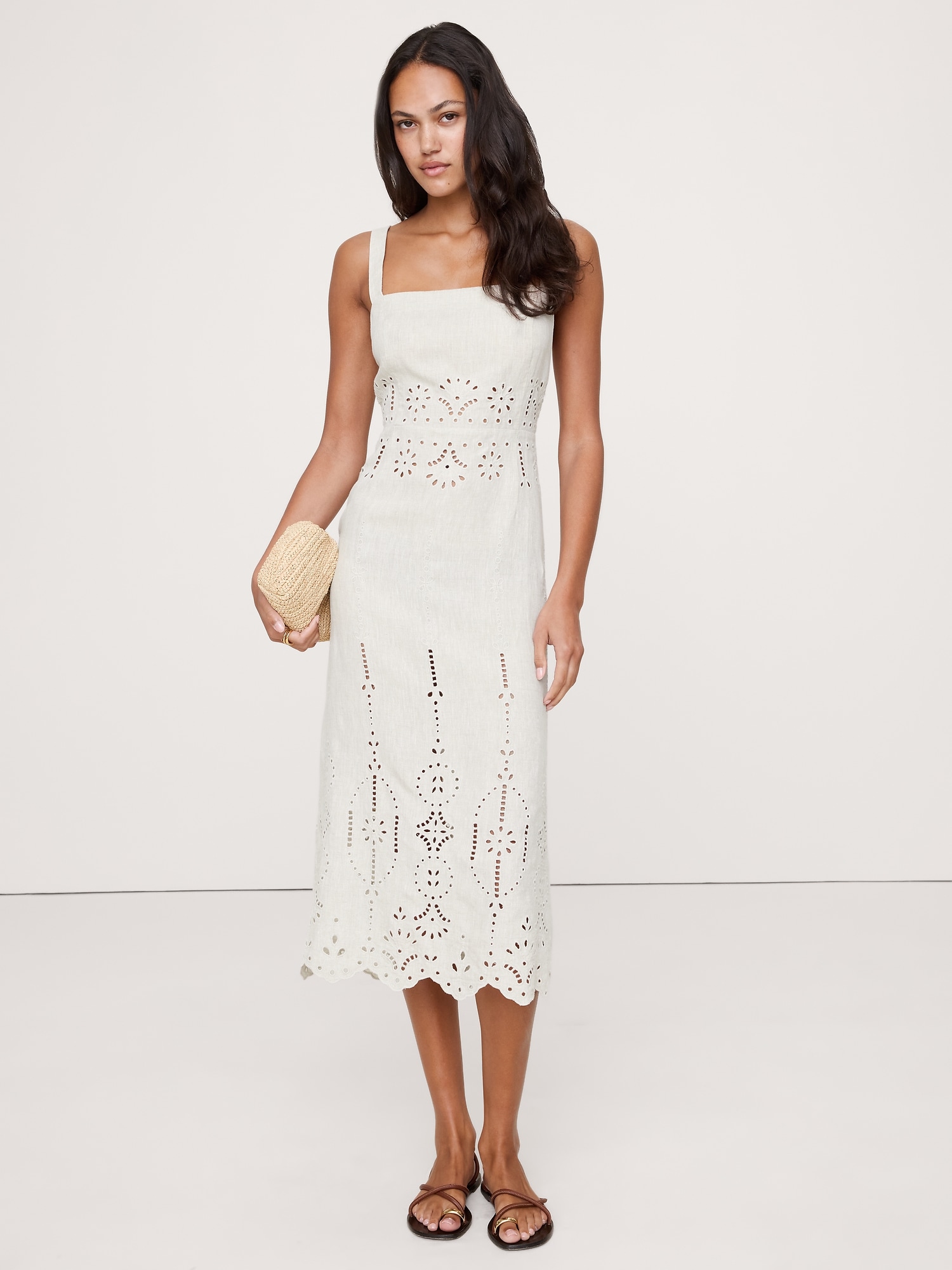 Robe mi-longue en lin avec broderie anglaise - Beige