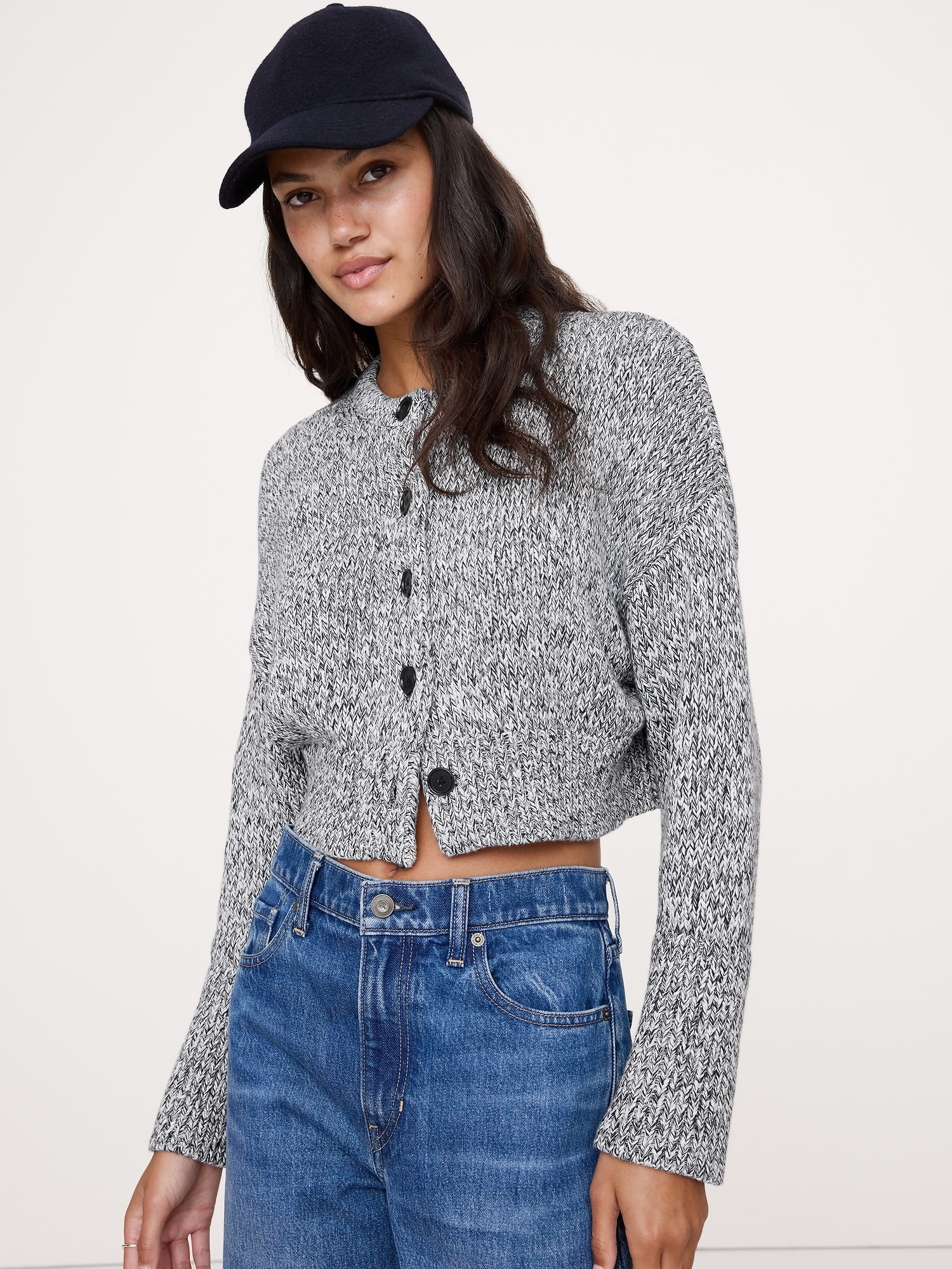 Cotton Cropped Cardigan - Black & White Marl