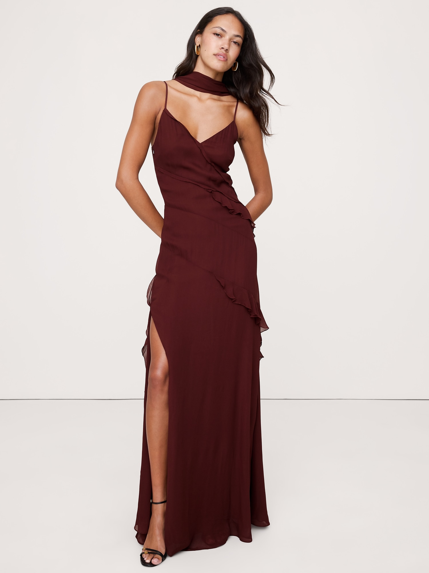 Georgette Ruffle Maxi Dress with Scarf - Redwood Canopy Burgundy