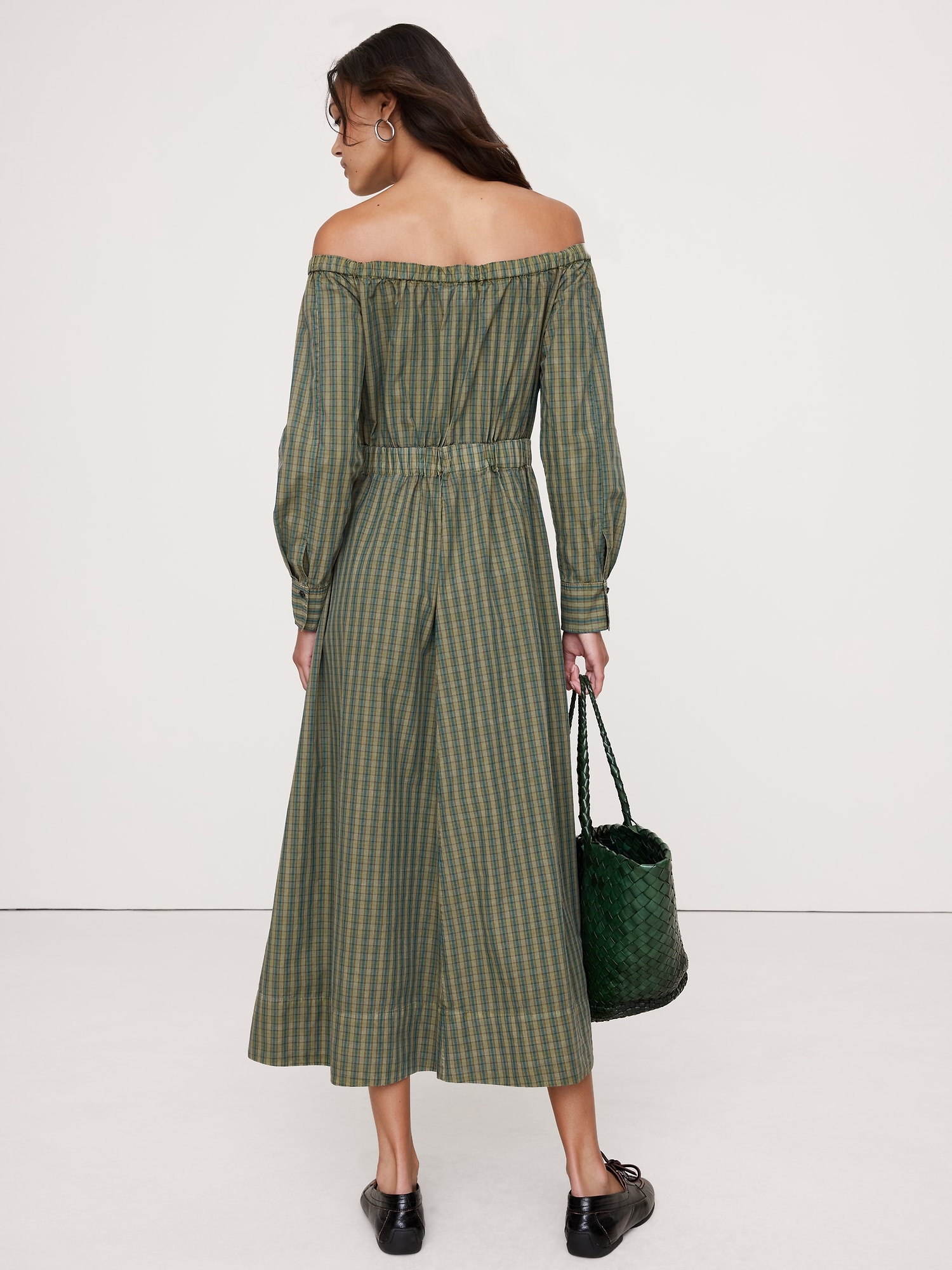 Cotton Poplin Off-The-Shoulder Long Midi Shirt Dress