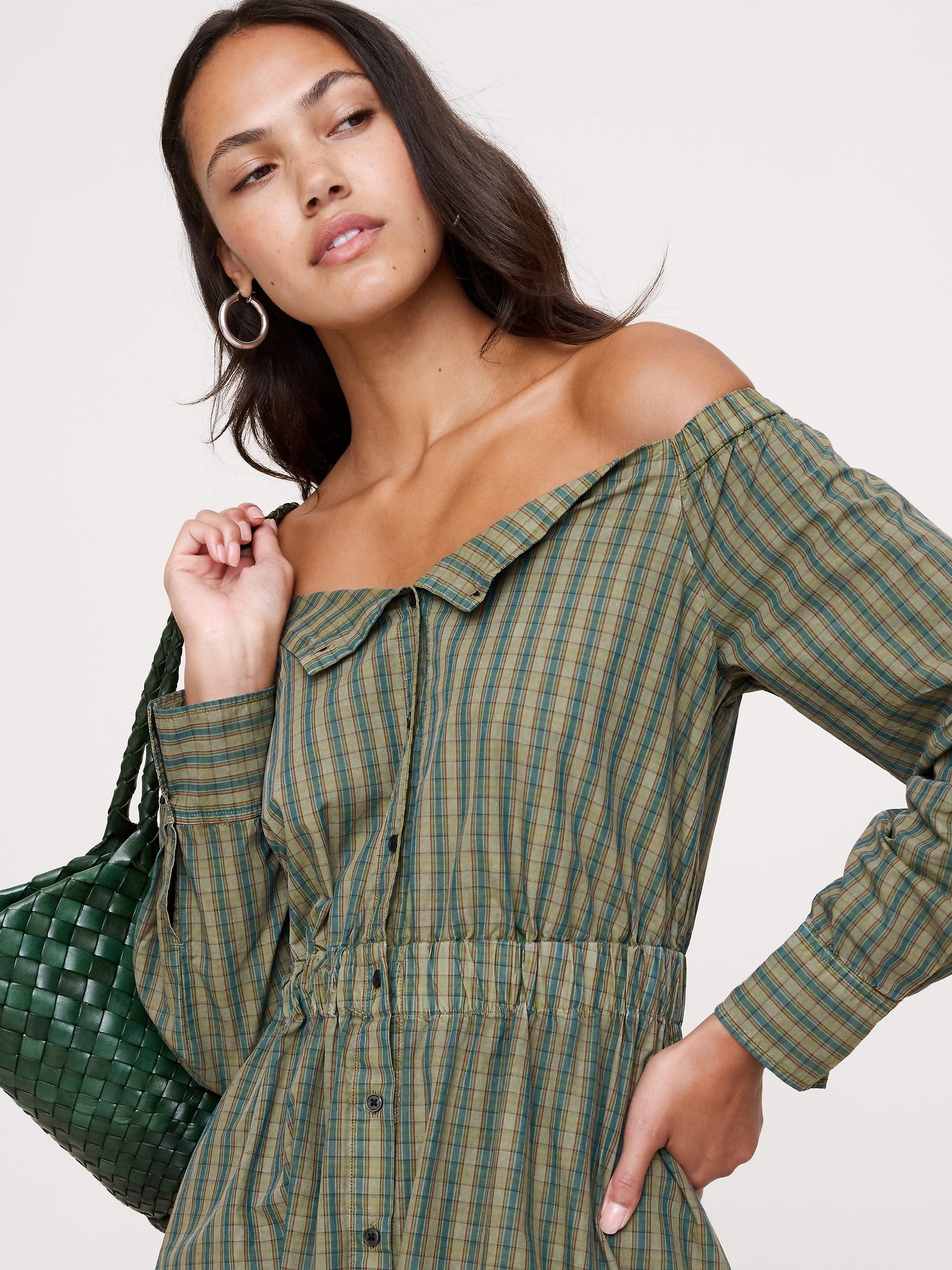 Cotton Poplin Off-The-Shoulder Long Midi Shirt Dress