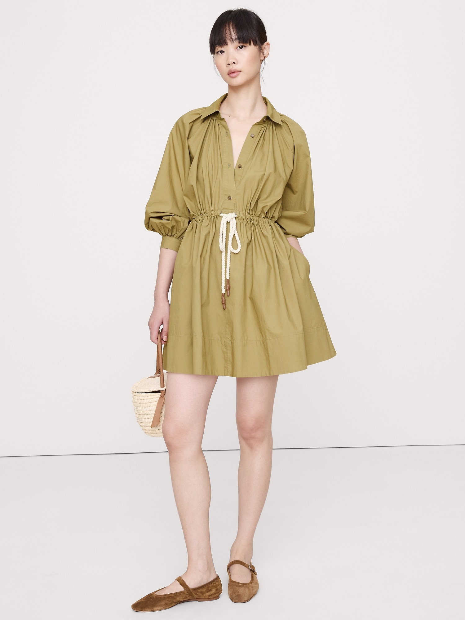 Cotton Poplin Mini Shirtdress - Green