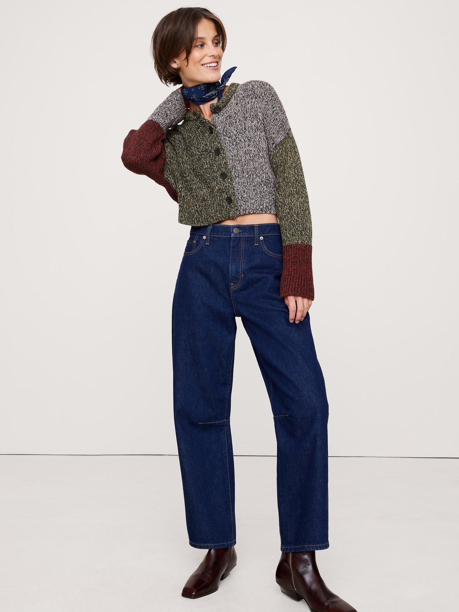 Cotton Cropped Cardigan - Red Multi
