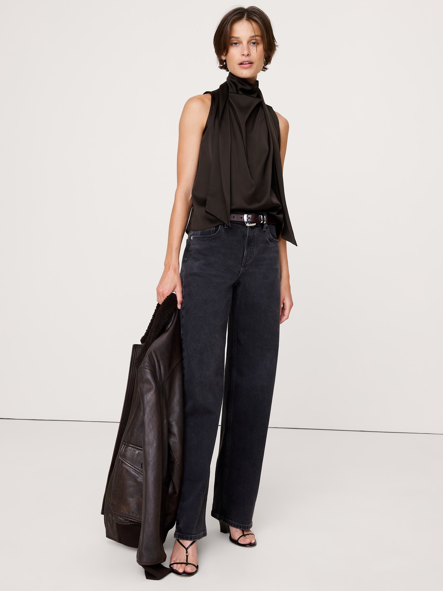 Image number 1 showing, Stretch-Satin Tie-Neck Top