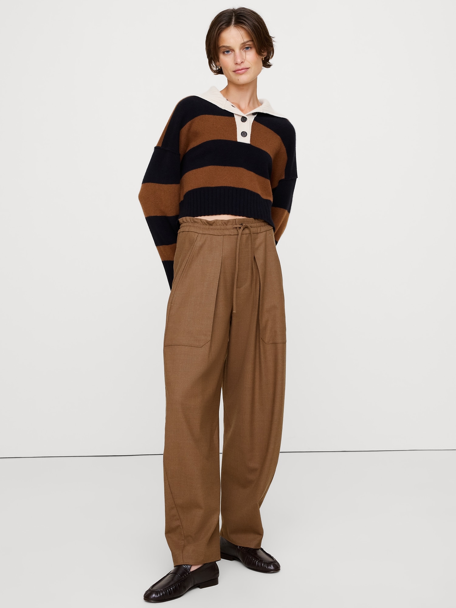 Pantalon baril à taille haute extensible en flanelle à plis - Brun Vigogne