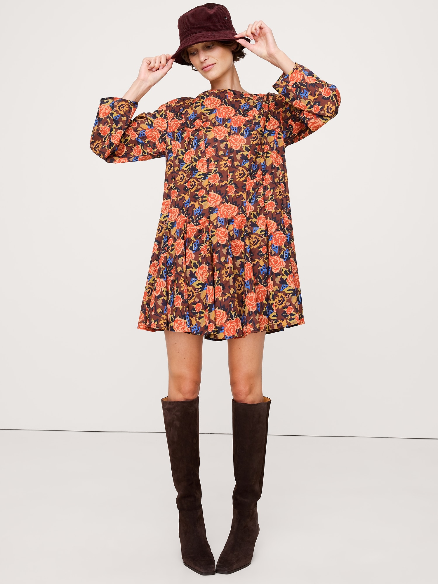 Cotton Mini Dress with Belt Bag - Maroon Roses