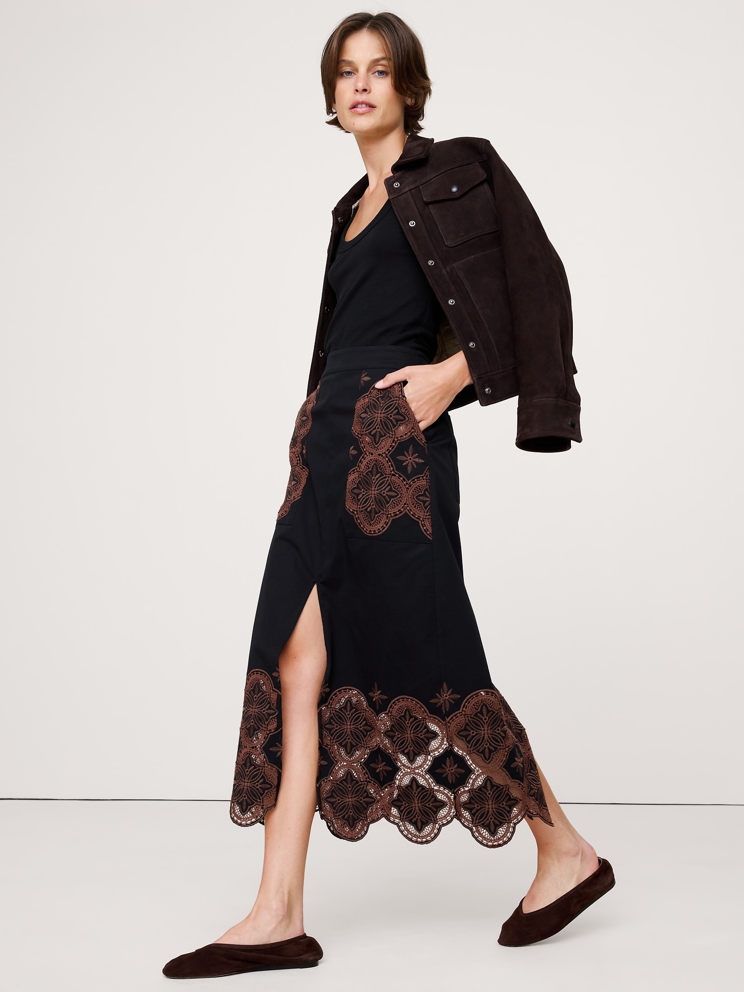 Embroidered Corduroy Midi Skirt