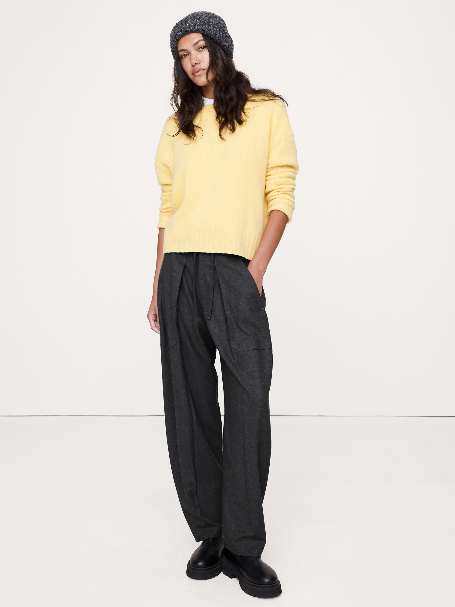 Pantalon baril à taille haute extensible en flanelle à plis - Gris Anthracite