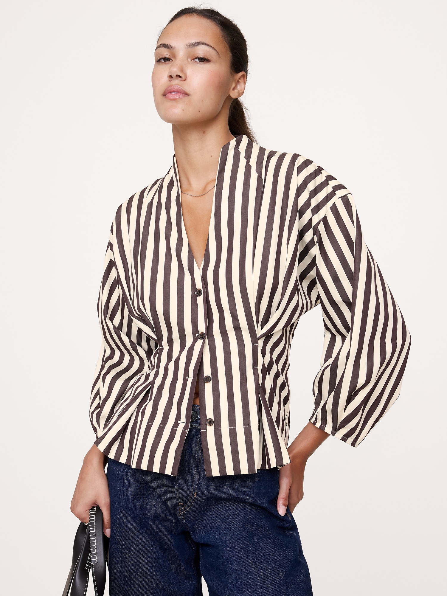Cotton Poplin Cinched-Waist Shirt - Brown