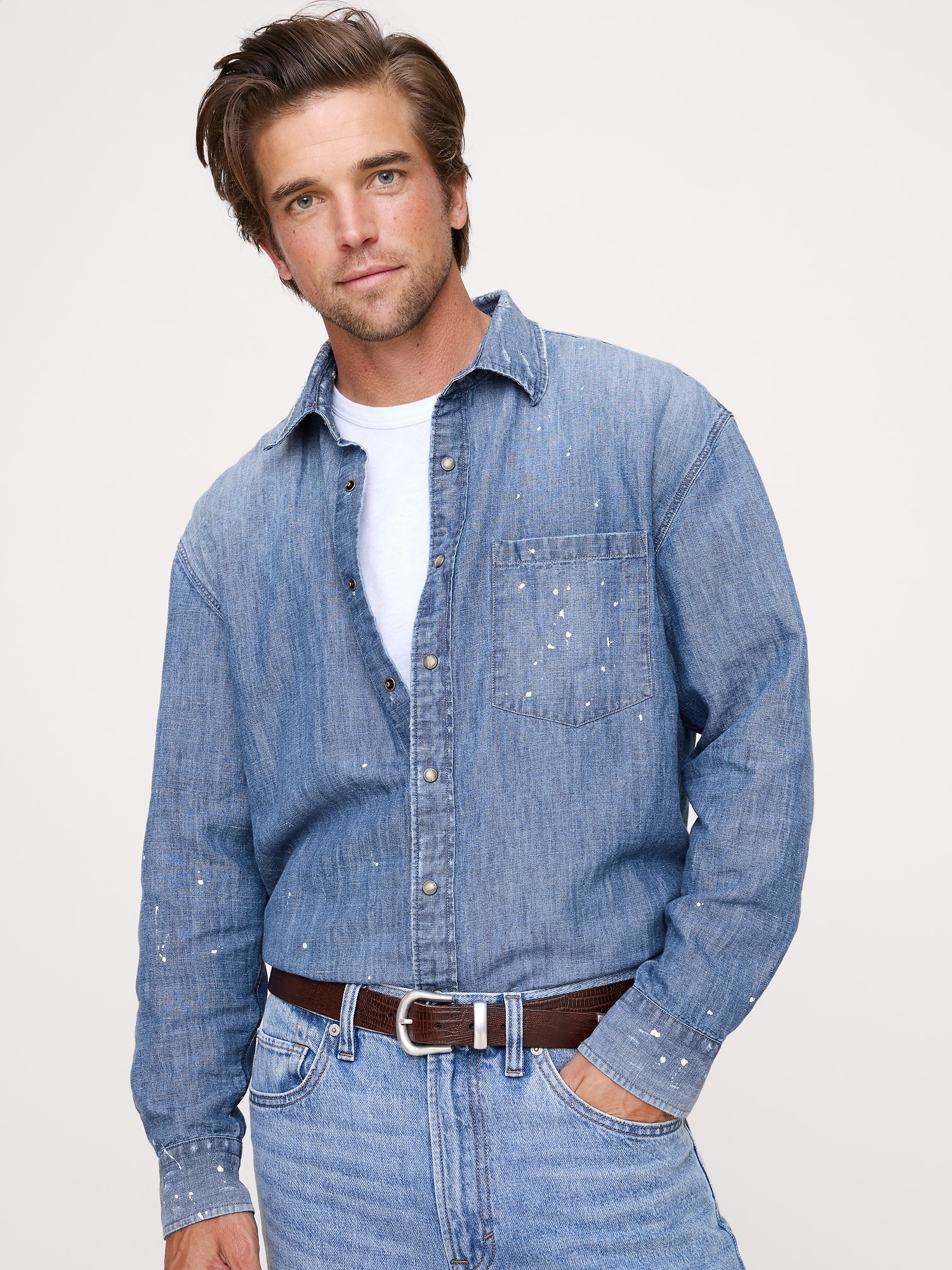 Relaxed-Fit Paint Splatter Cotton-Hemp Chambray Shirt