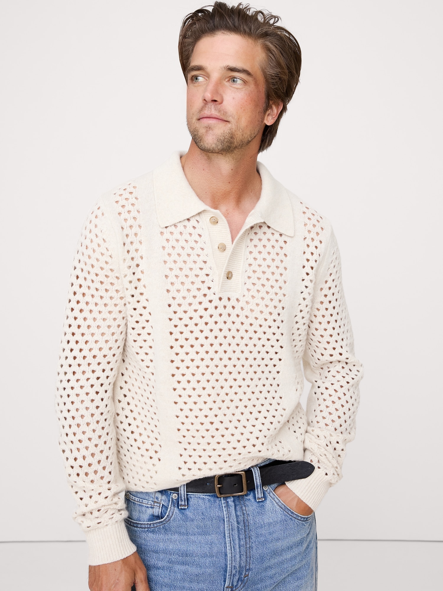 Image number 1 showing, ITALIAN WOOL-BLEND MESH SWEATER POLO