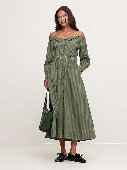 Cotton Poplin Off-The-Shoulder Maxi Shirt Dress Banana Republic