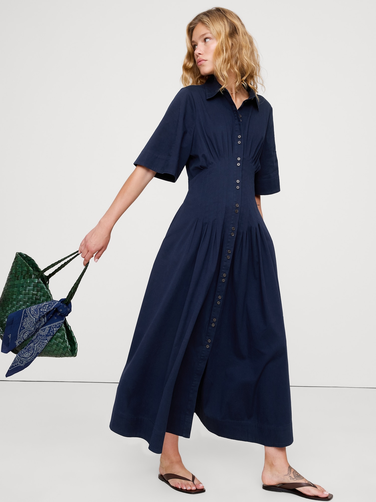 Image number 1 showing, STRETCH-COTTON POPLIN PINTUCK LONG-MIDI SHIRT DRESS