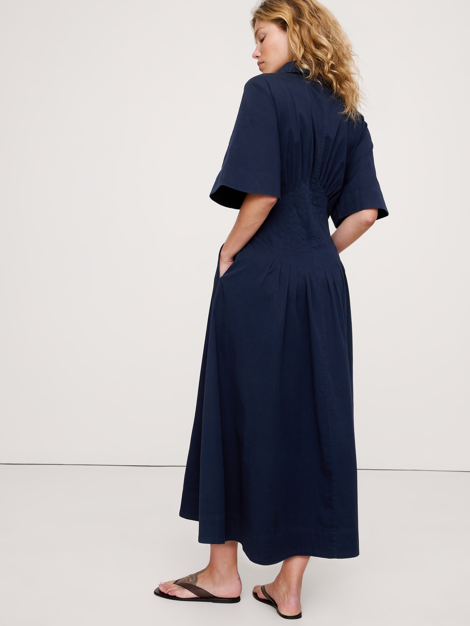 Image number 3 showing, STRETCH-COTTON POPLIN PINTUCK LONG-MIDI SHIRT DRESS