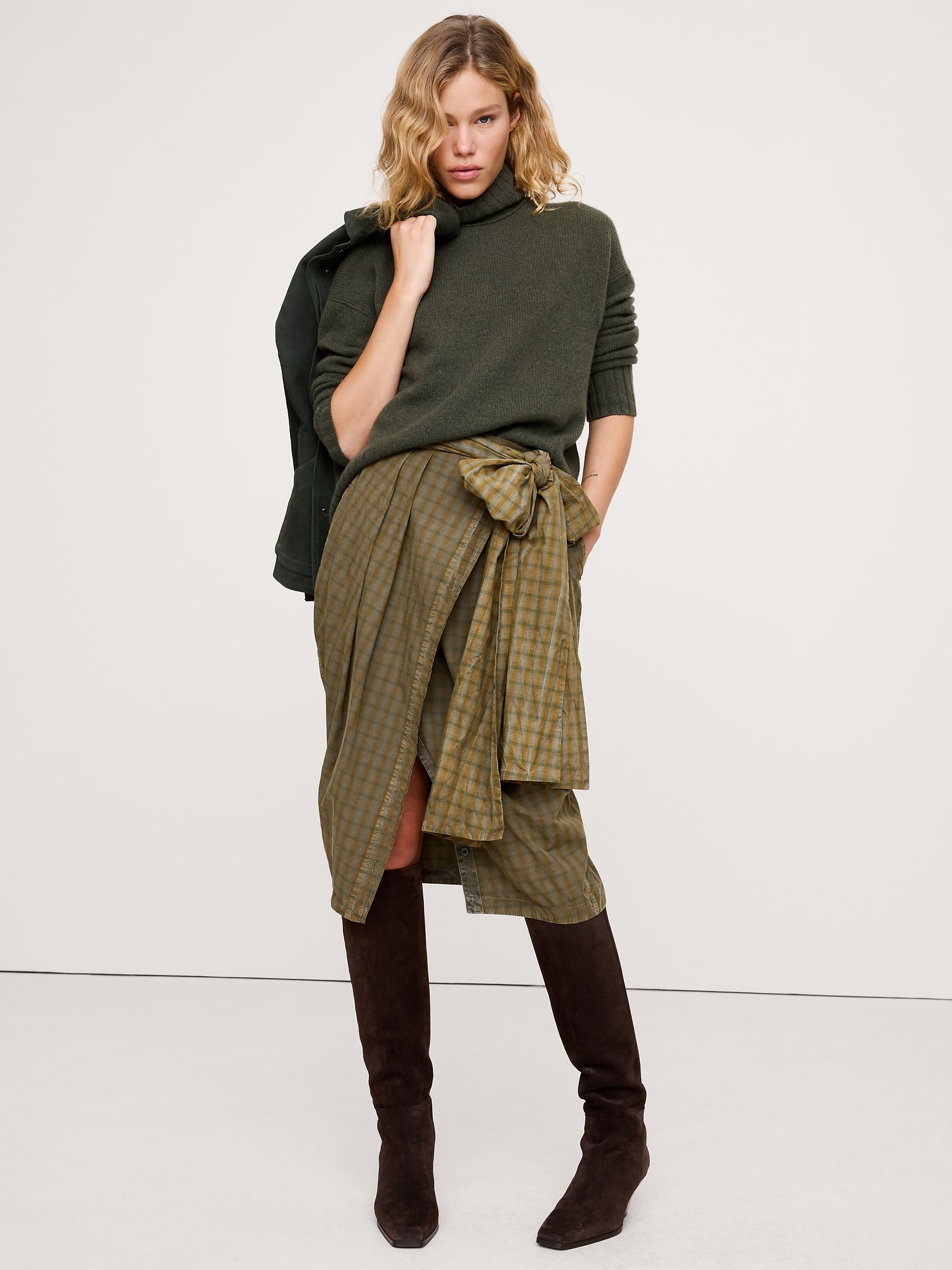 Cotton Poplin Midi Skirt - Olive Green Plaid
