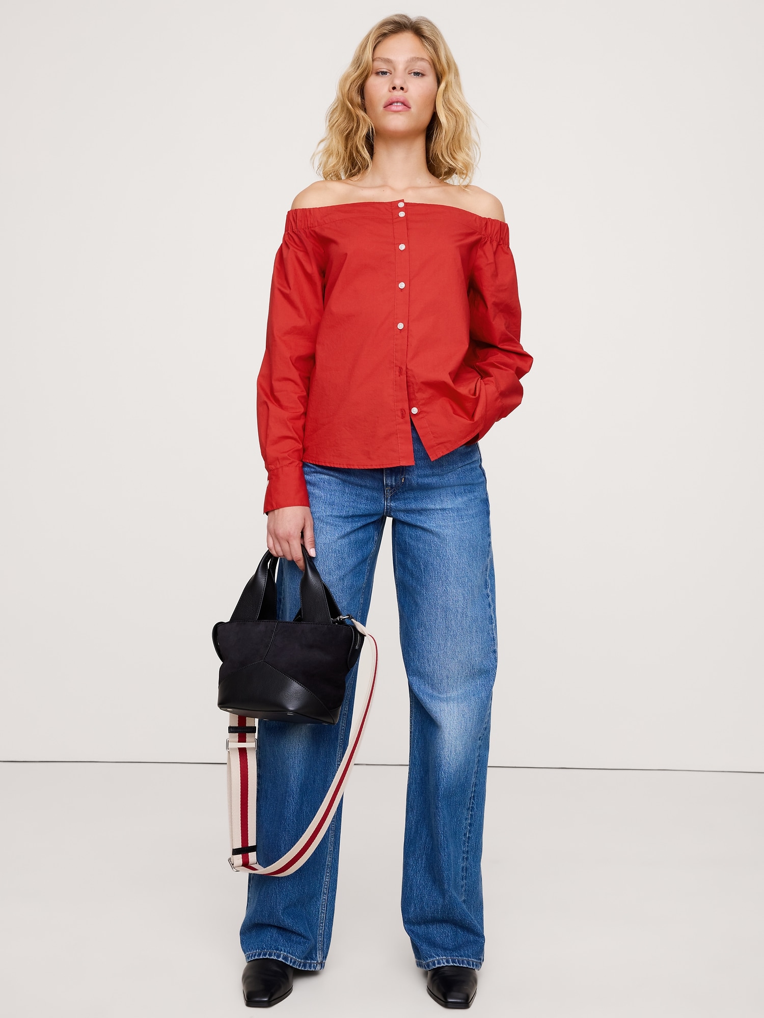 Cotton Poplin Off The Shoulder Top - Pompeian Red