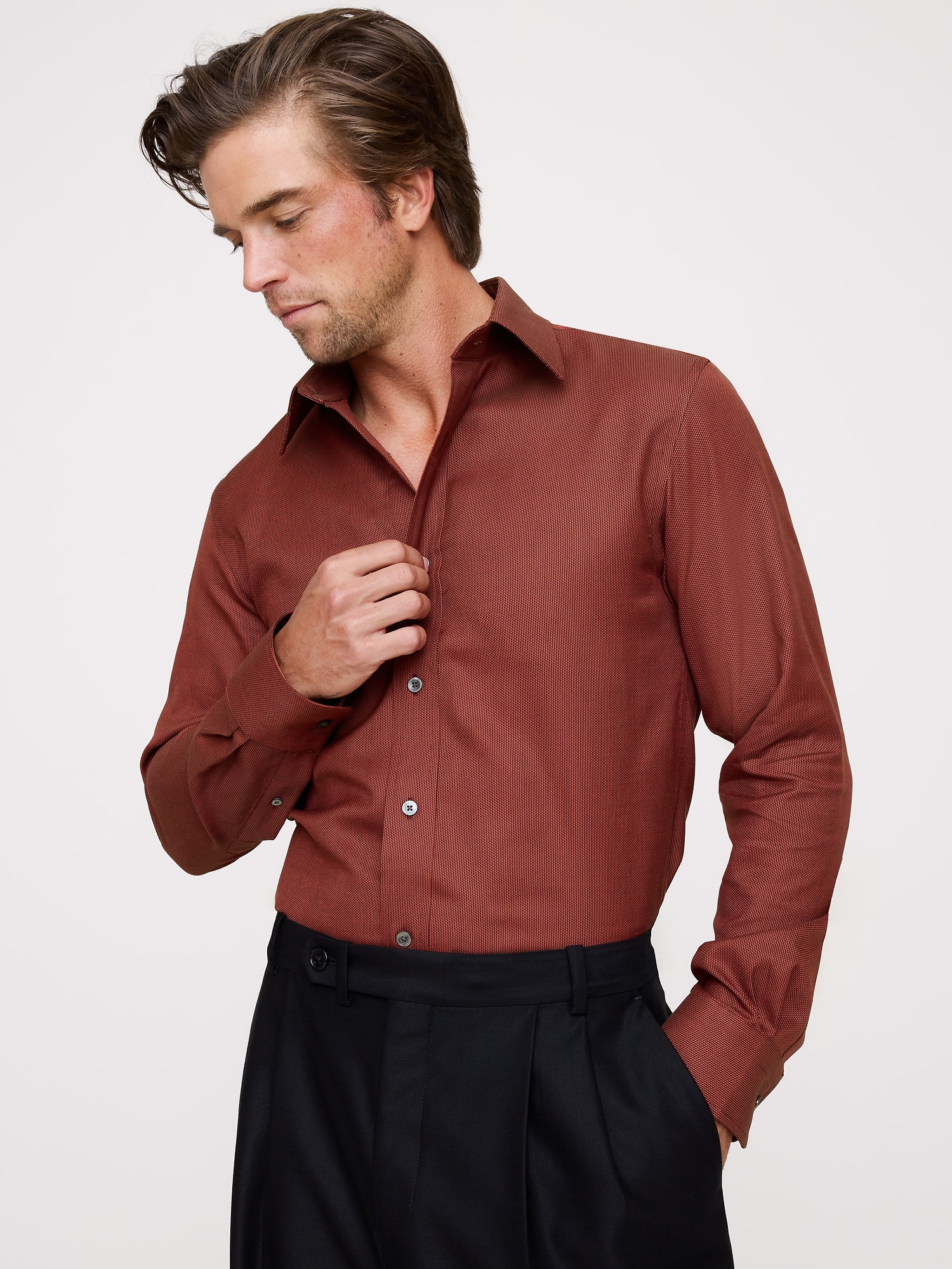Slim-Fit Wrinkle-Resistant Dress Shirt - Burgundy Red Dobby