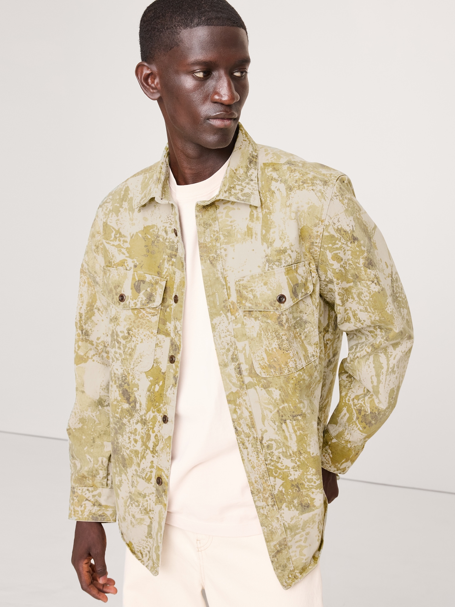 Standard-Fit Cotton Twill Shirt Jacket - Green Camo Splatter