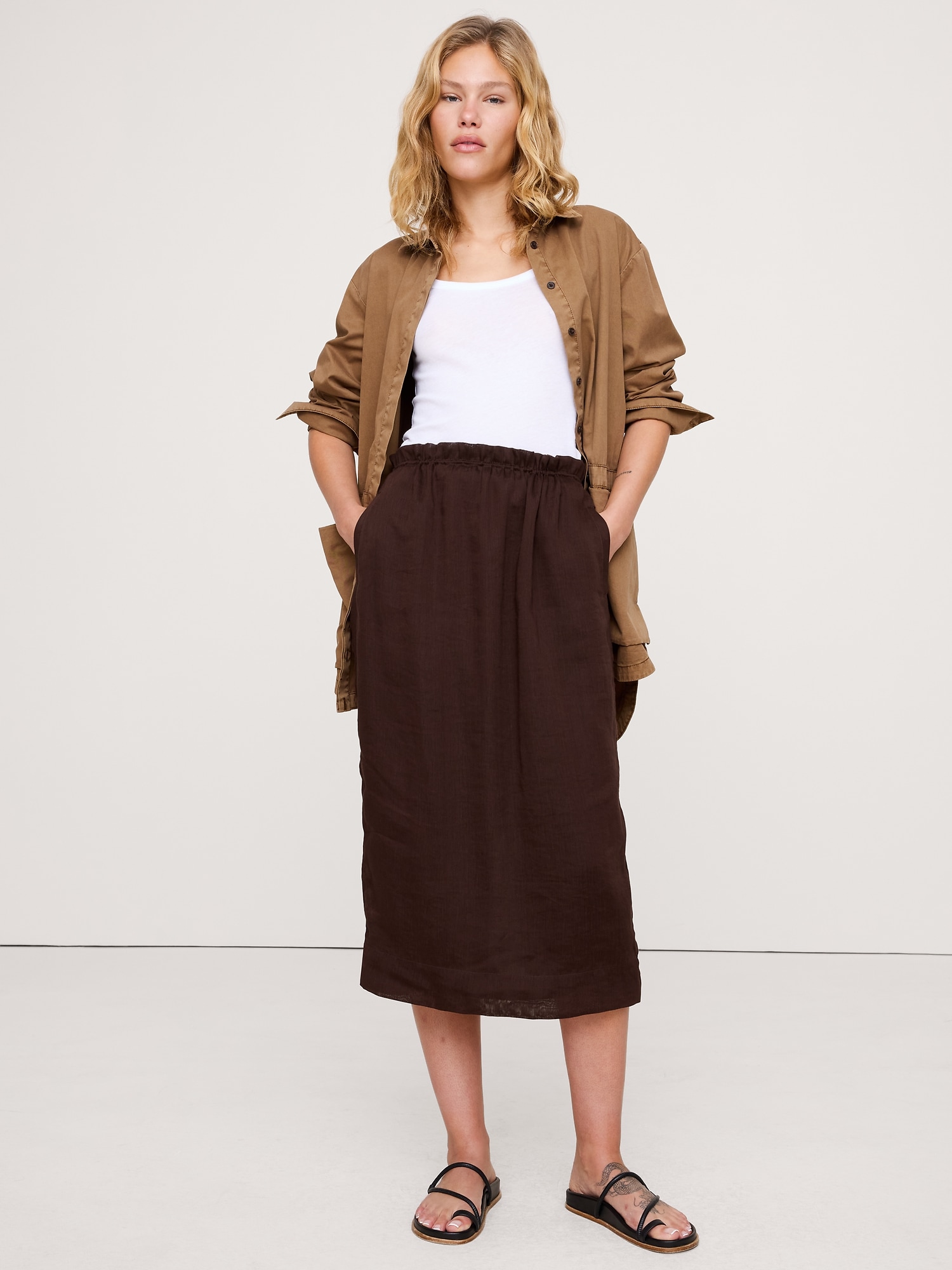 LINEN-VISCOSE GAUZE MIDI SKIRT