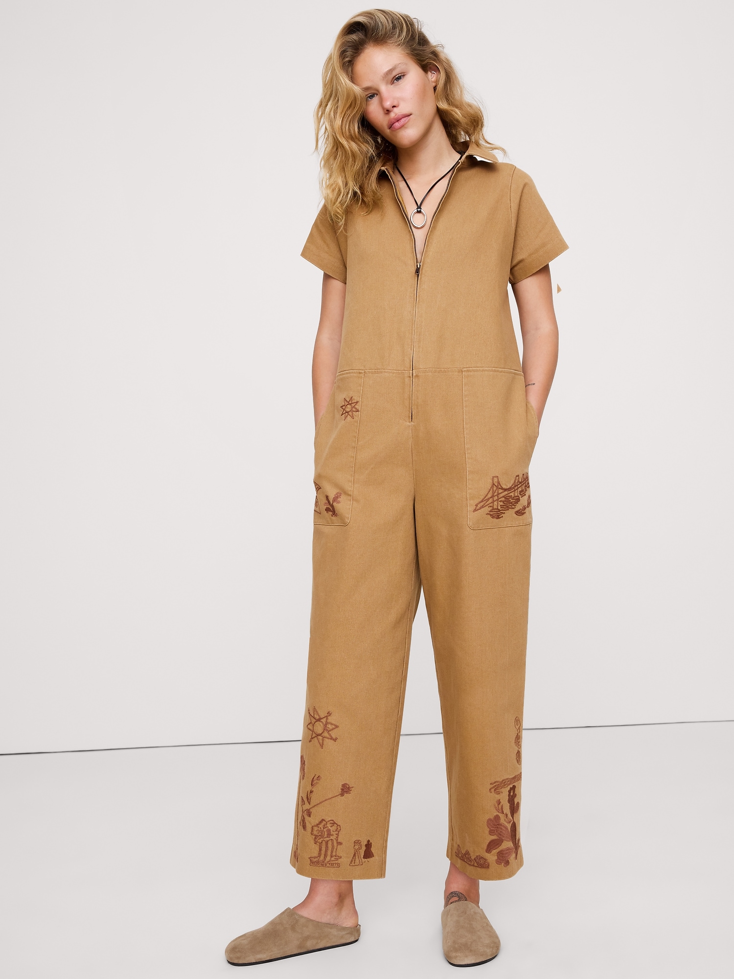 RELAXED EMBROIDERED COTTON CANVAS JUMPSUIT - Camel With Embroidery