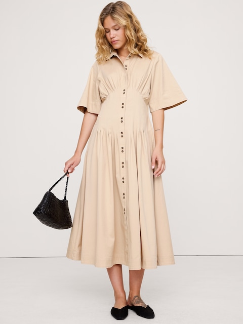 ROBE-CHEMISIER MI-LONGUE EN POPELINE DE COTON EXTENSIBLE NERVURÉE