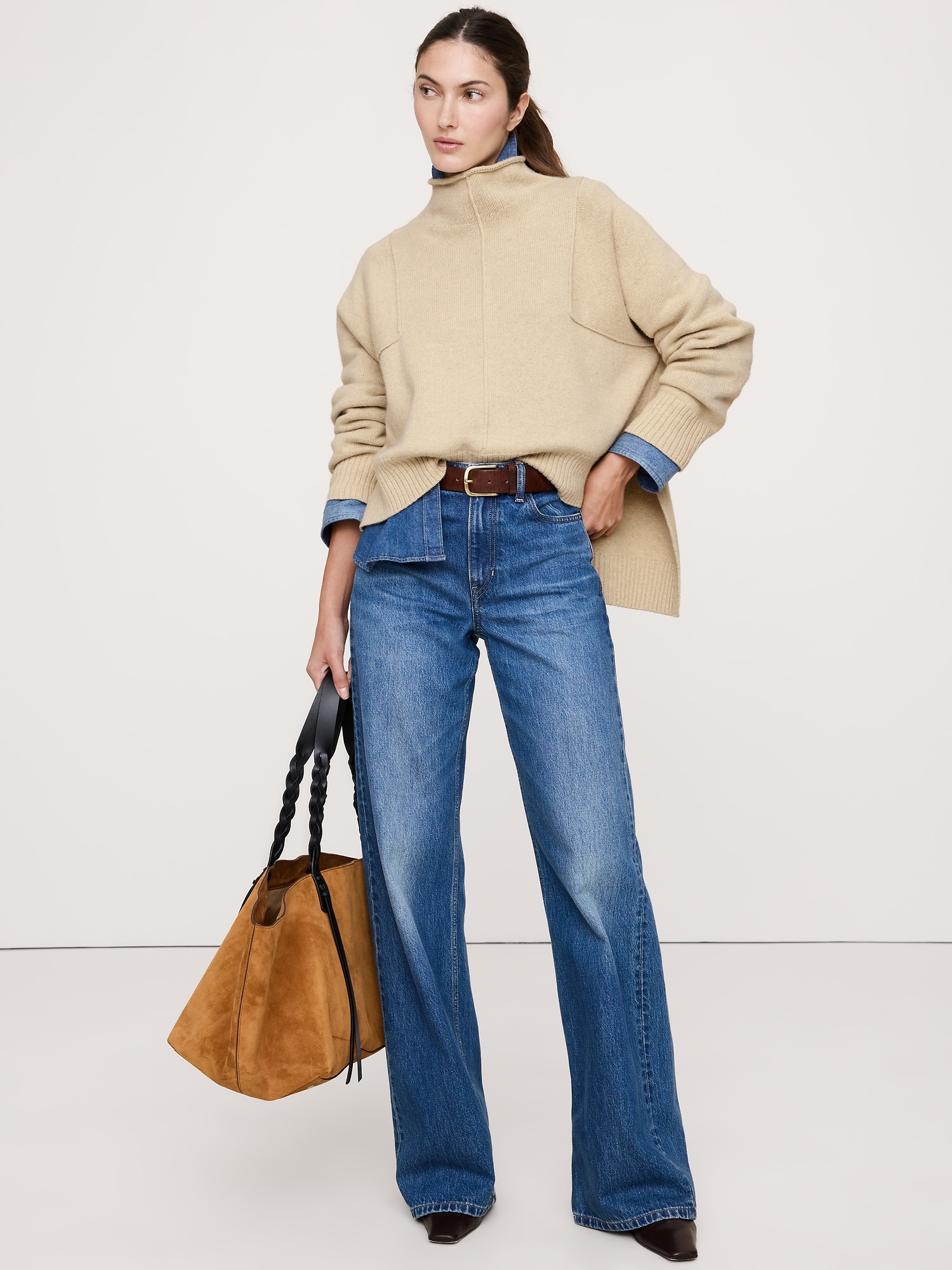 Oversized Merino-Cotton High-Low Funnel-Neck Sweater - Stone Heather