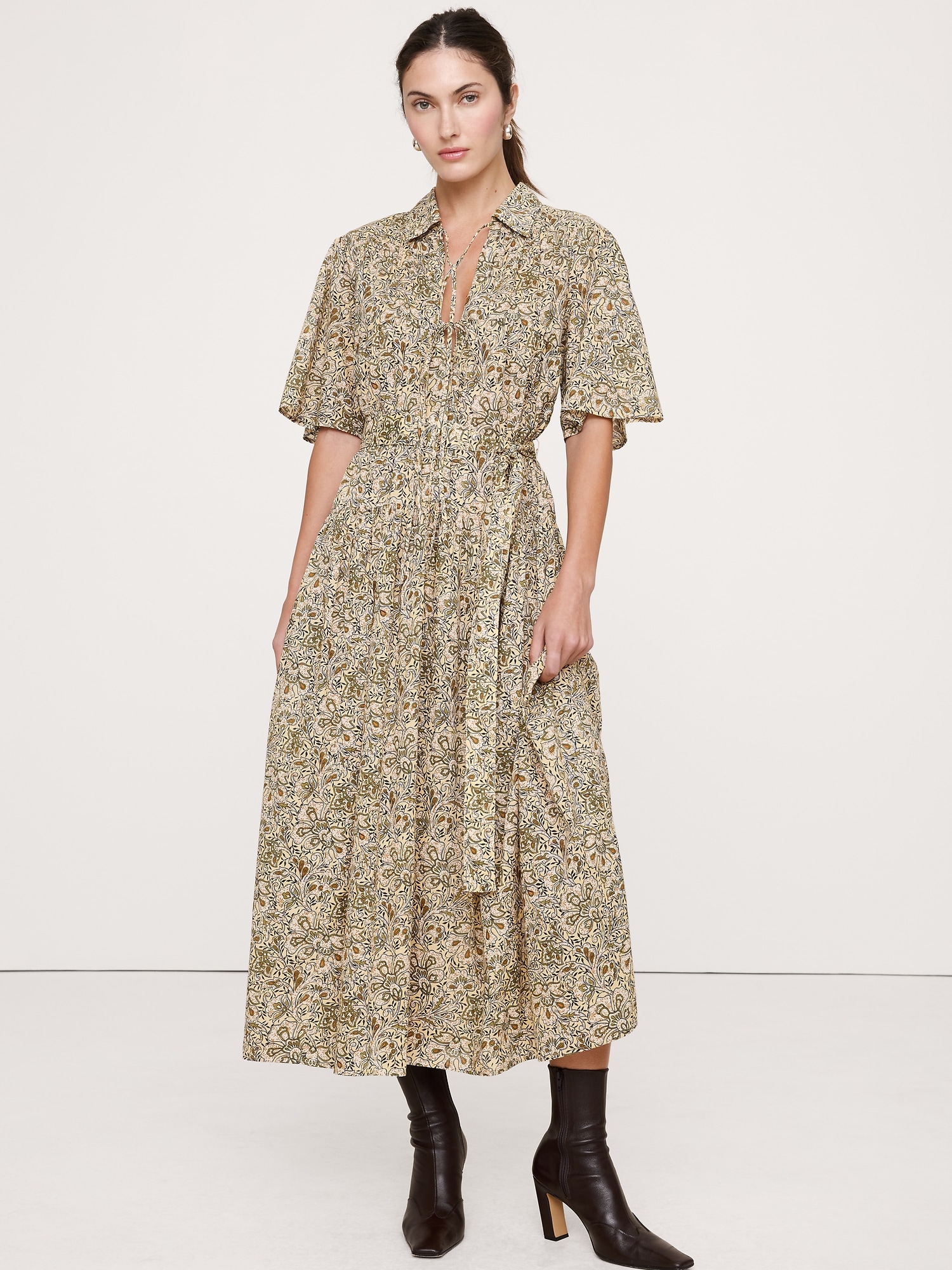 Cotton Tie-Front Shirt Dress - Beige Floral Paisley