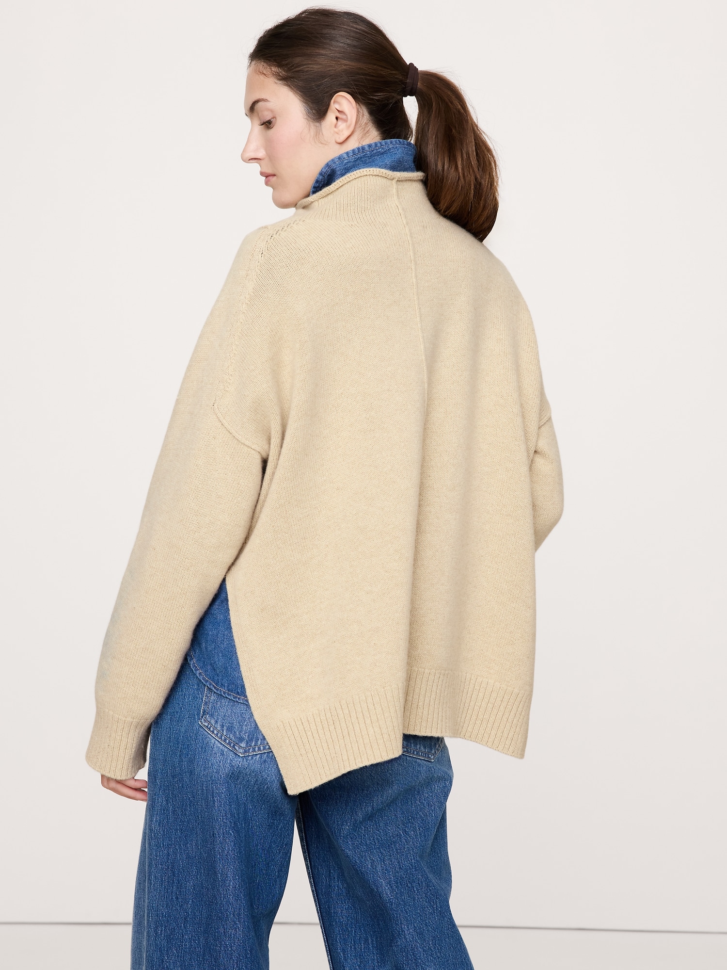 Image number 2 showing, Oversized Merino-Cotton High-Low Funnel-Neck Sweater