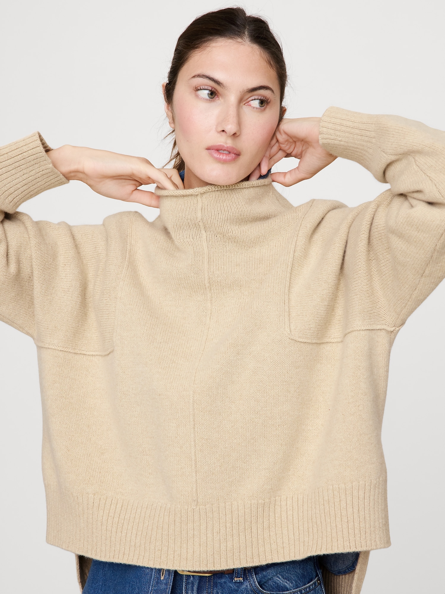 Image number 3 showing, Oversized Merino-Cotton High-Low Funnel-Neck Sweater