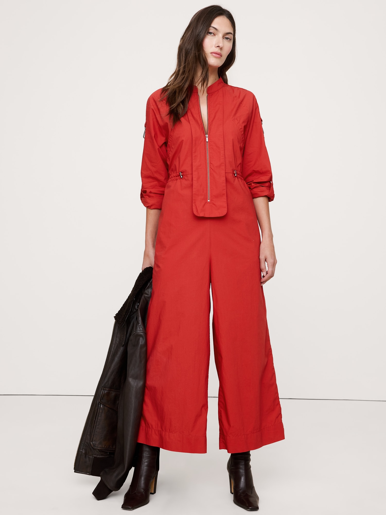 Cotton Poplin Zip Utility Cropped Jumpsuit - Pompeian Red