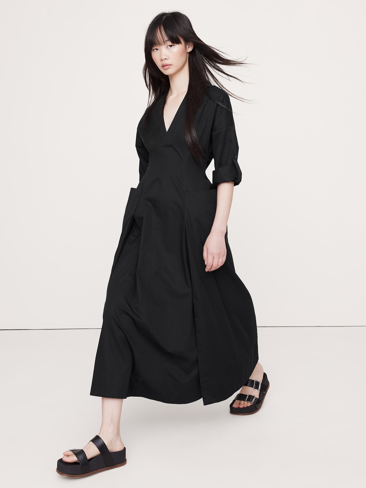 Cotton Twill Maxi Dress - Black