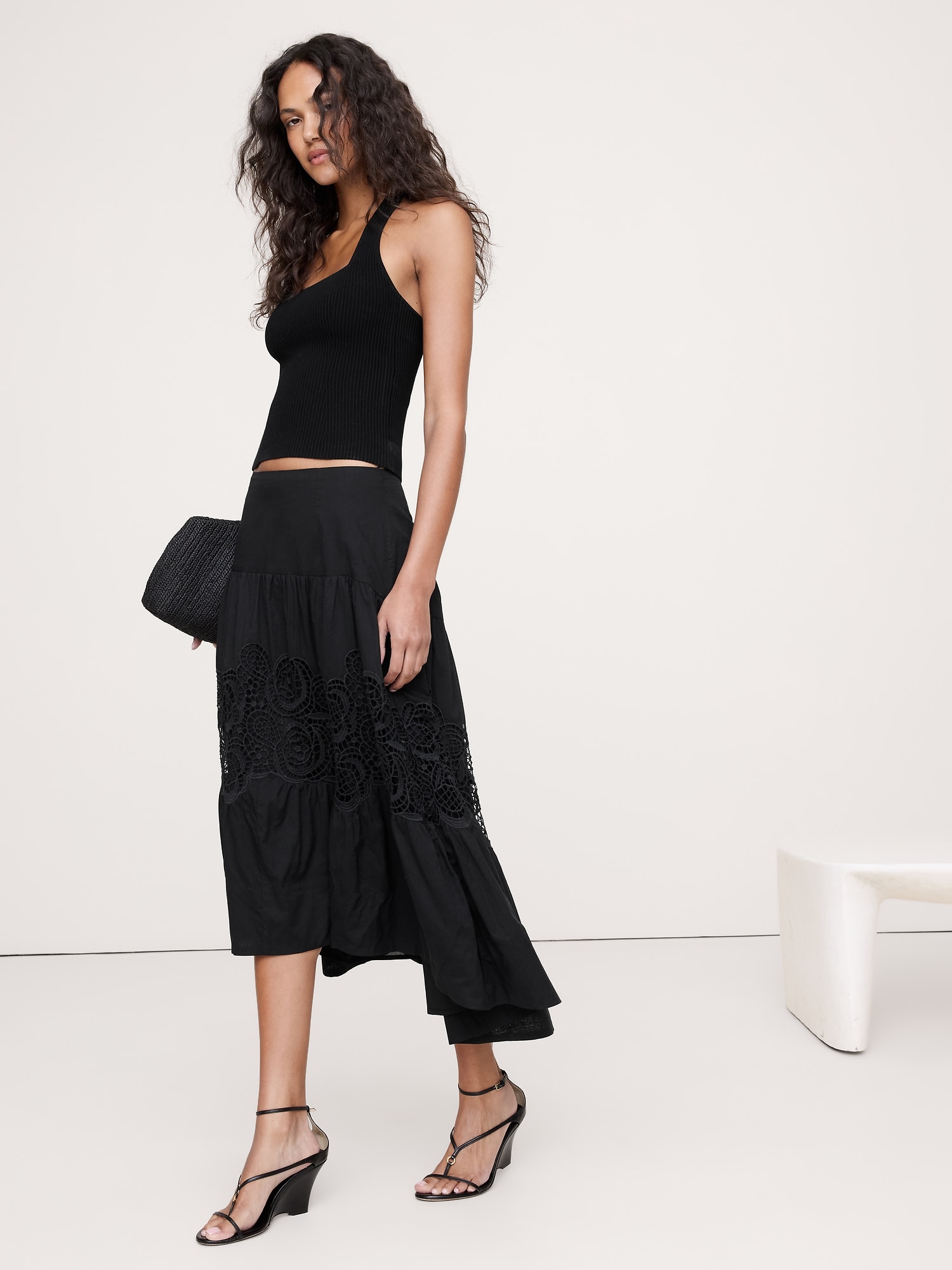COTTON & LACE DROP-WAIST TIERED SKIRT - Black With Embroidery