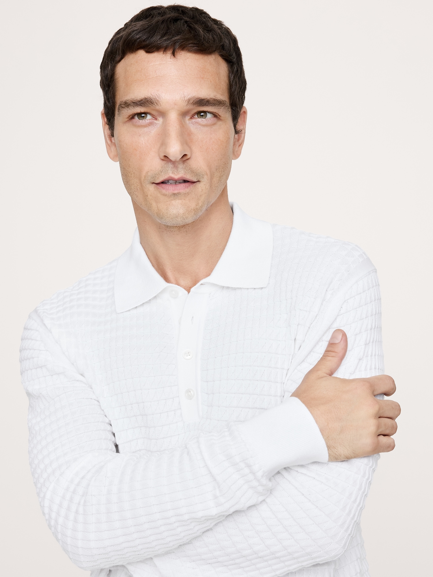 TEXTURED COTTON LONG-SLEEVE SWEATER POLO - White