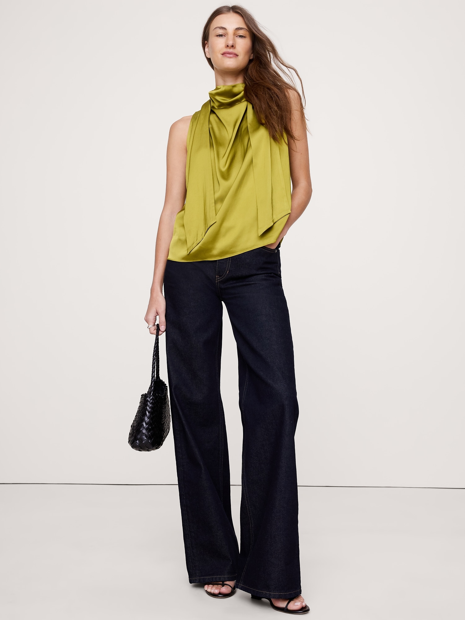 Image number 1 showing, Stretch-Satin Tie-Neck Top
