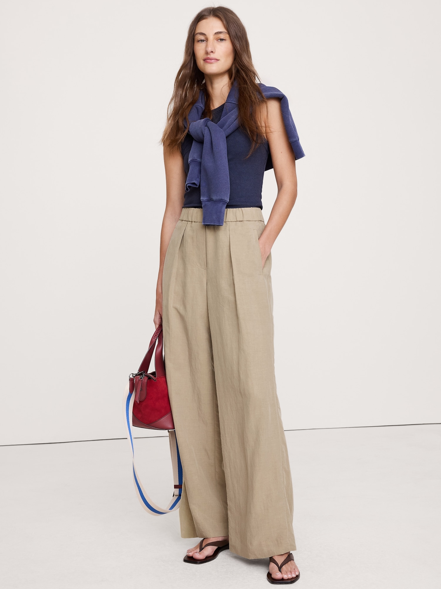 Image number 1 showing, Mid-Rise Wide-Leg Drapey Pull-On Pant
