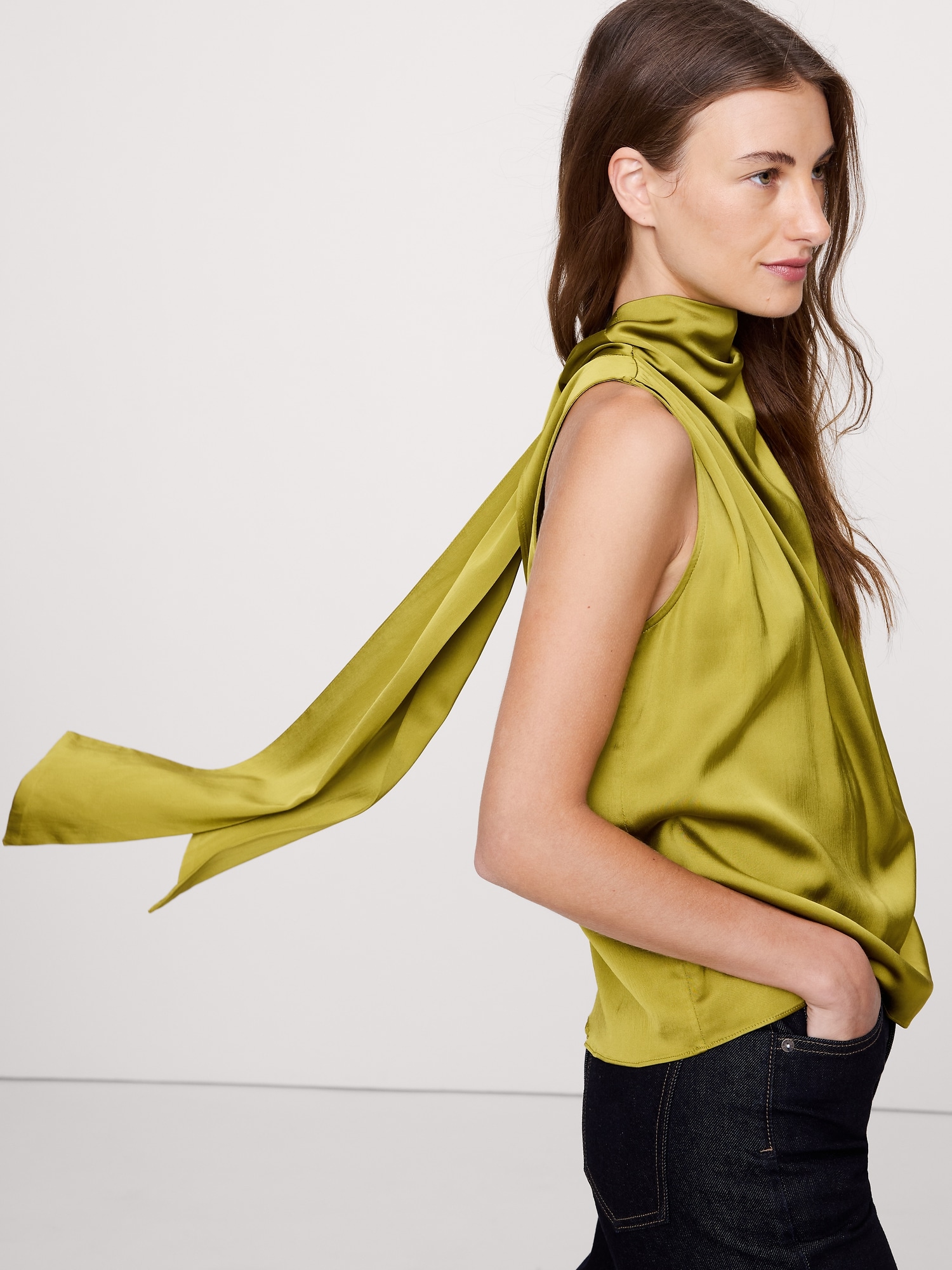 Image number 7 showing, Stretch-Satin Tie-Neck Top
