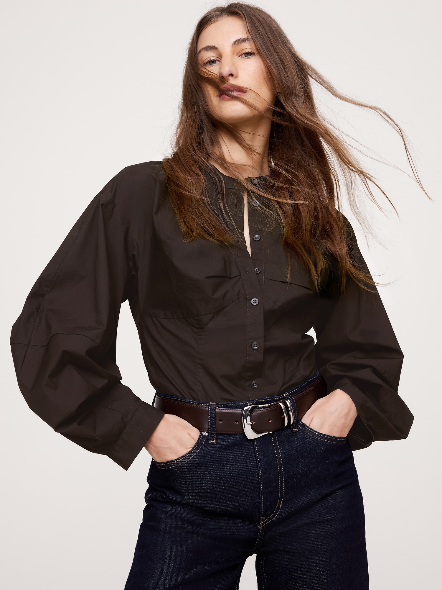 COTTON POPLIN BALLOON-SLEEVE SHIRT - Ganache Brown