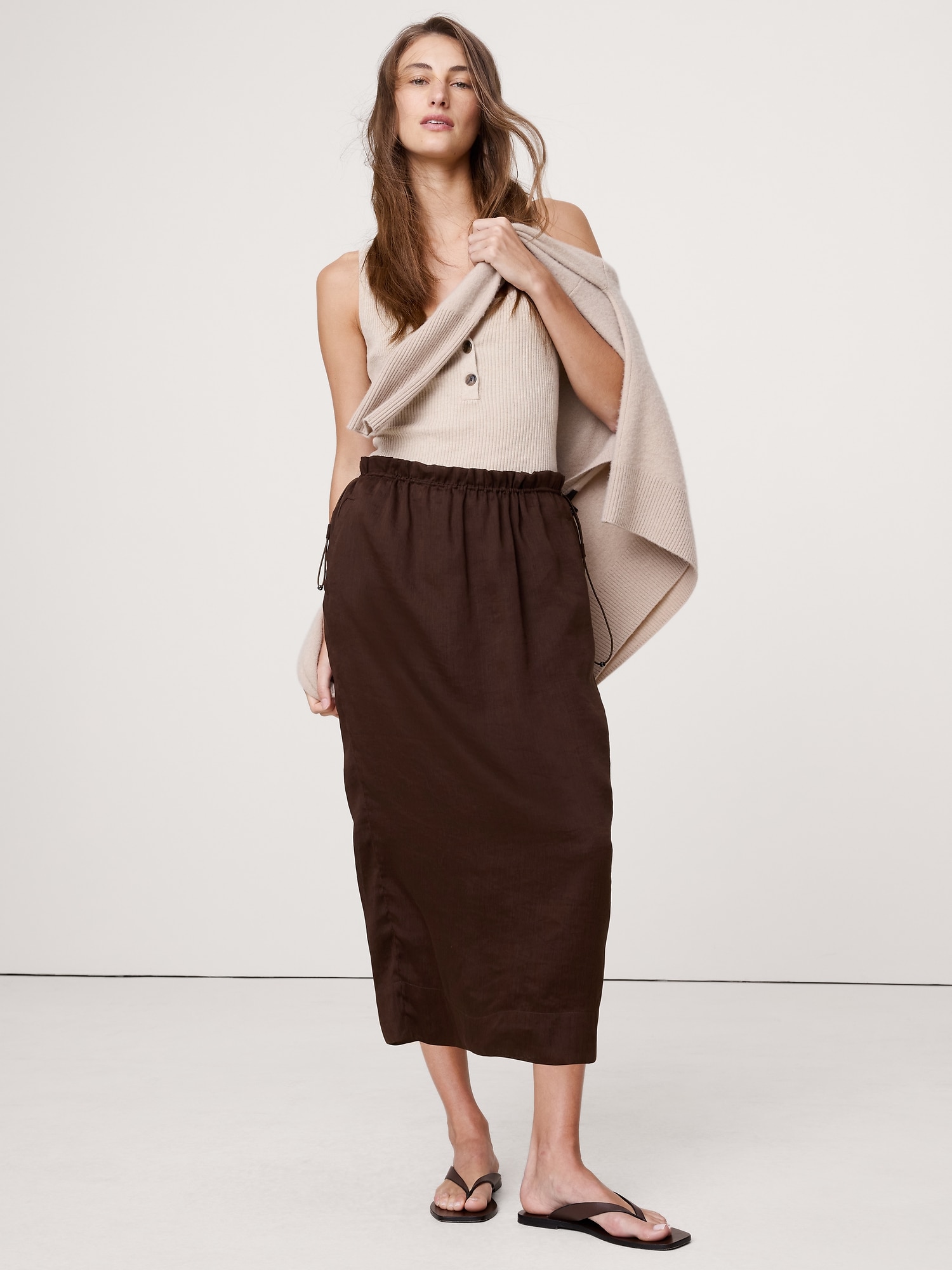 LINEN-VISCOSE GAUZE MIDI SKIRT