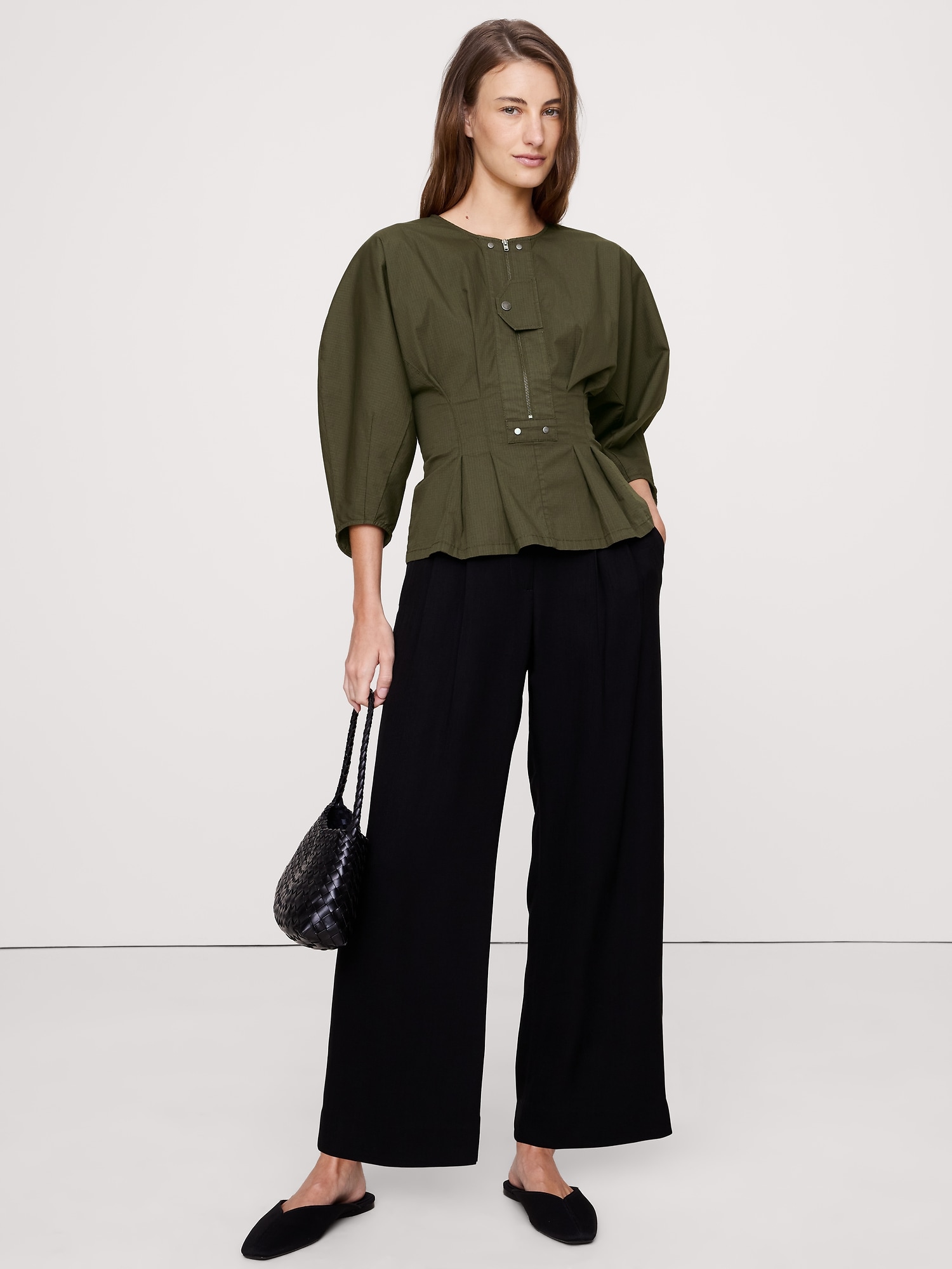 Stretch-Cotton Utility Peplum Top - Olive Green