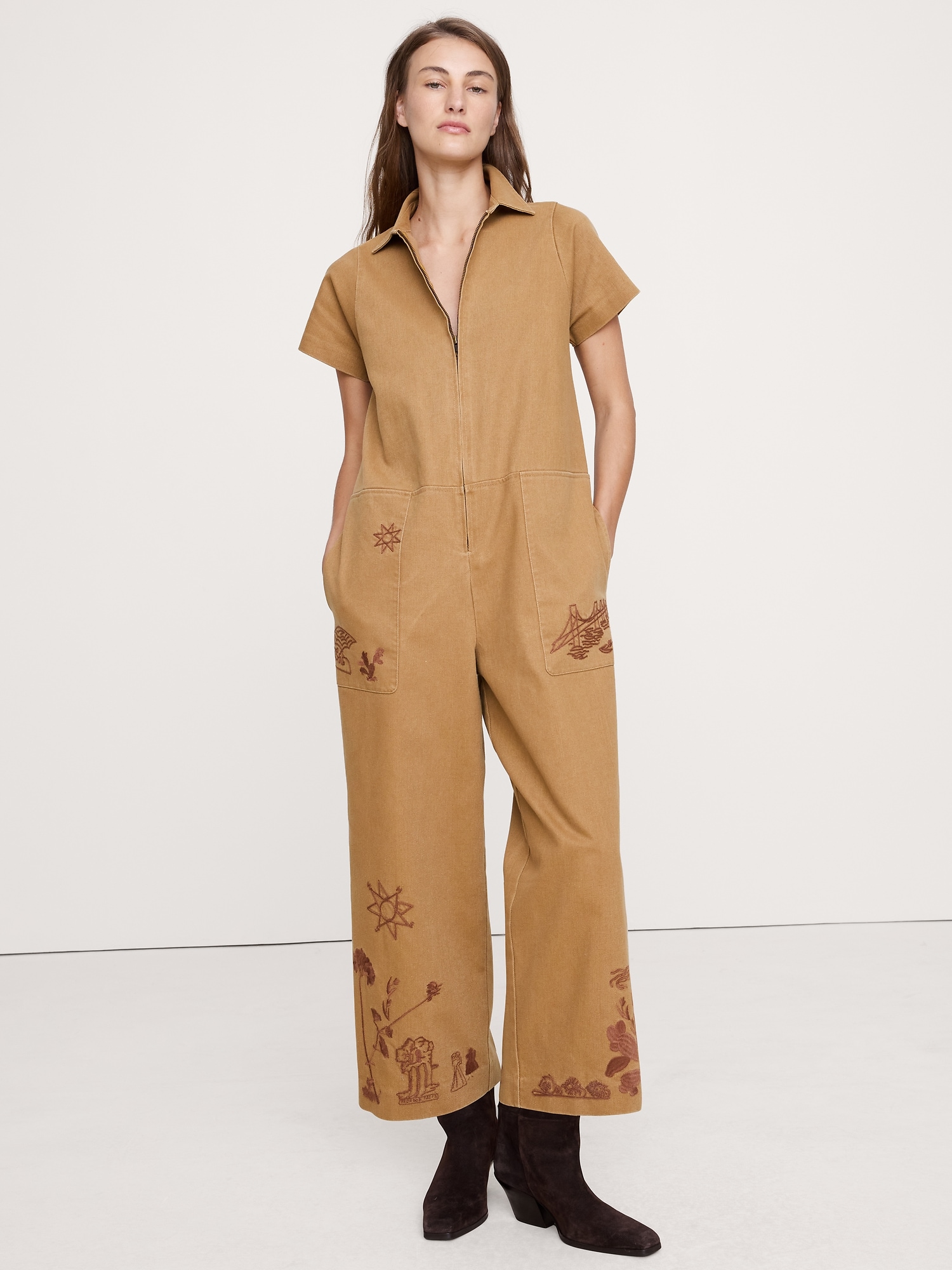 RELAXED EMBROIDERED COTTON CANVAS JUMPSUIT - Camel With Embroidery