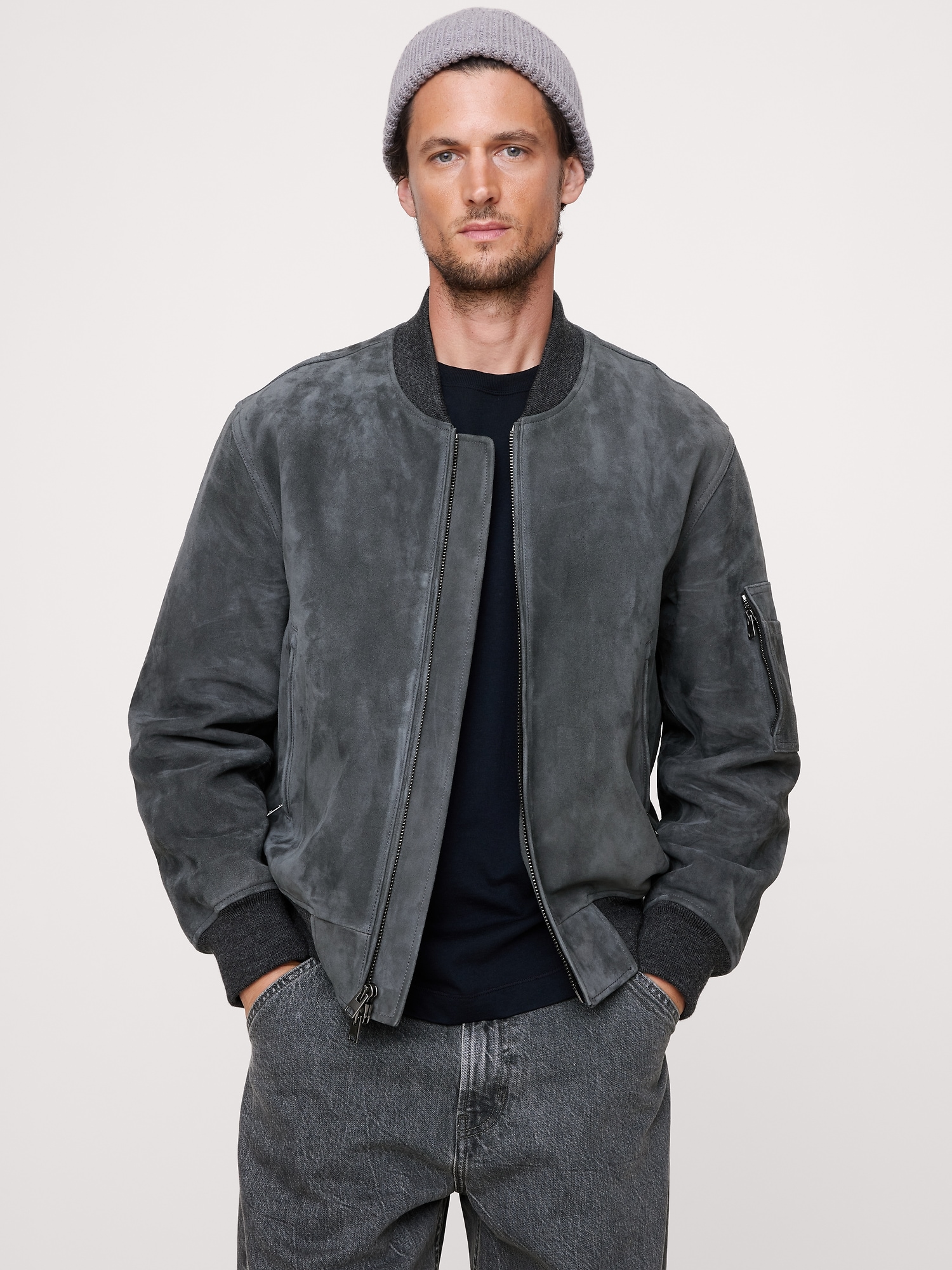 SUEDE BOMBER JACKET WITH QUILTED LINING - Dusk Gray