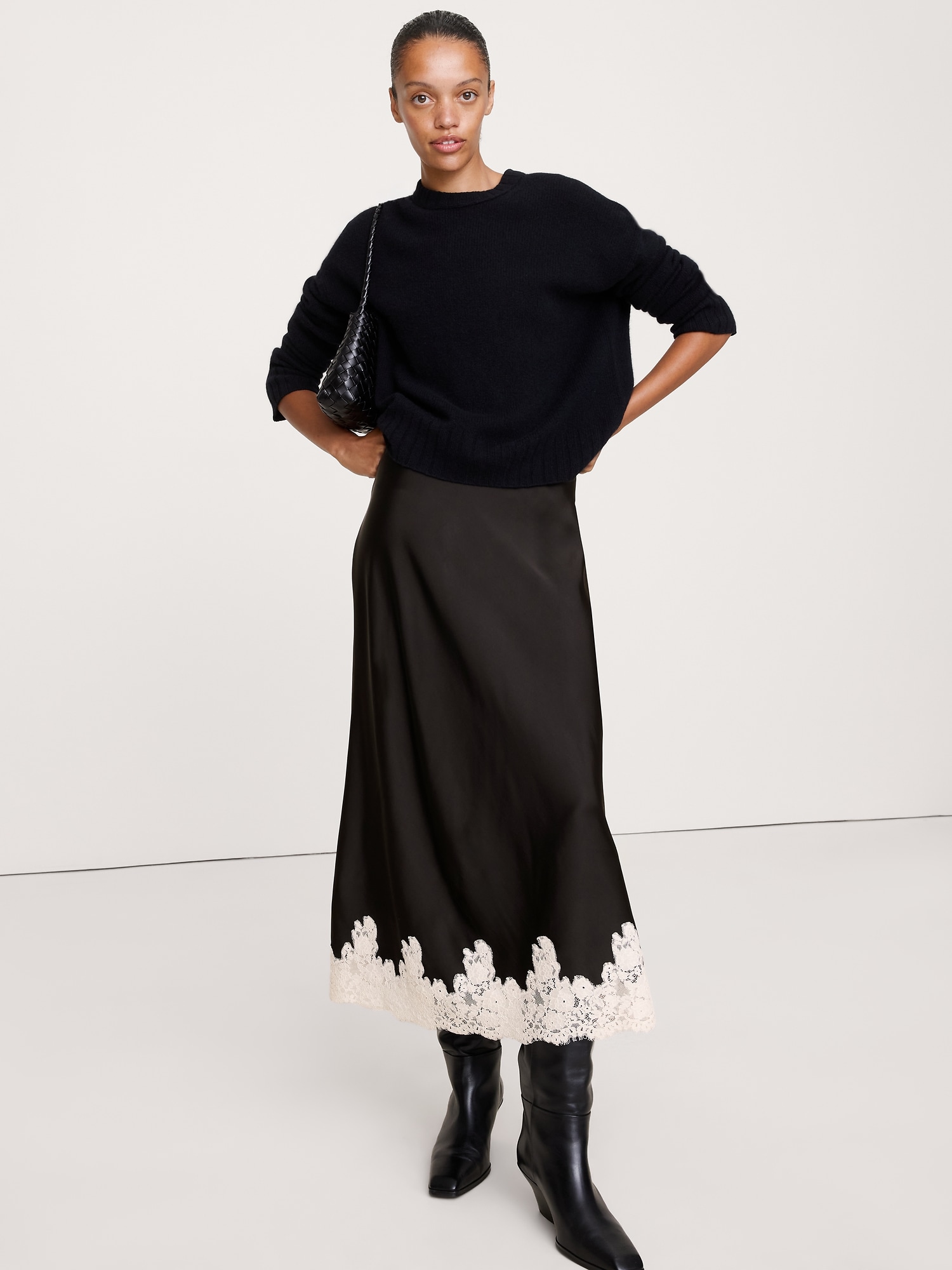 Stretch-Satin Lace-Hem Midi Skirt - Ganache Brown