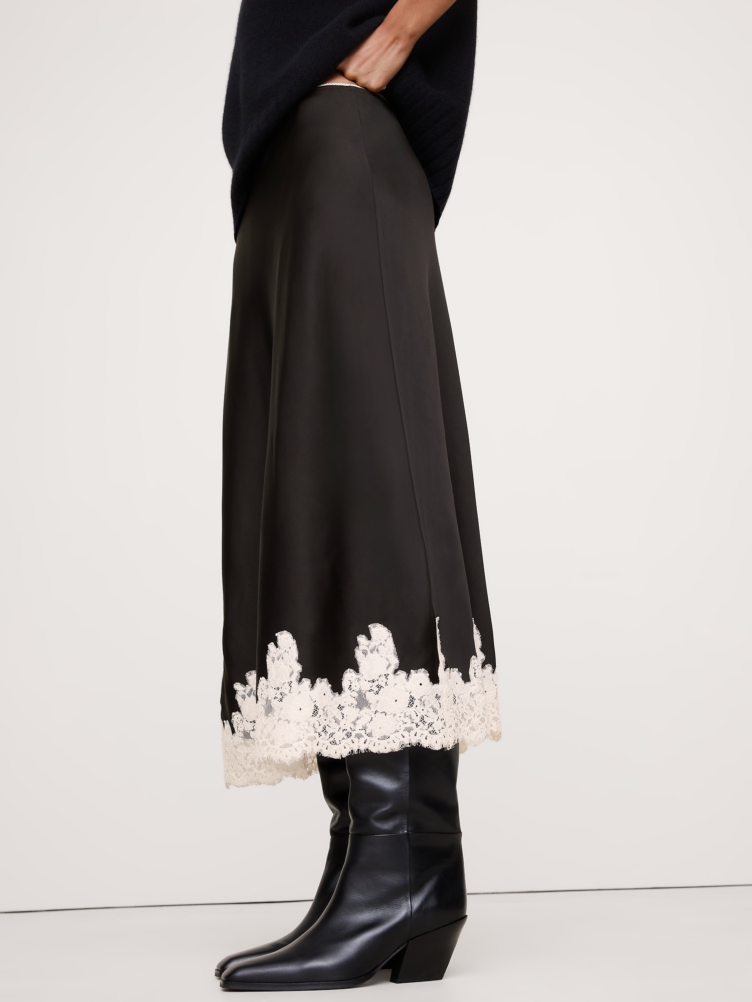 Image number 3 showing, Stretch-Satin Lace-Hem Midi Skirt