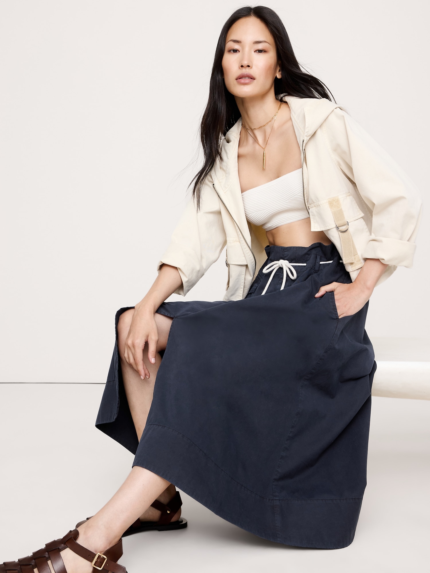 Image number 1 showing, COTTON POPLIN LONG MIDI SKIRT WITH ROPE TIE