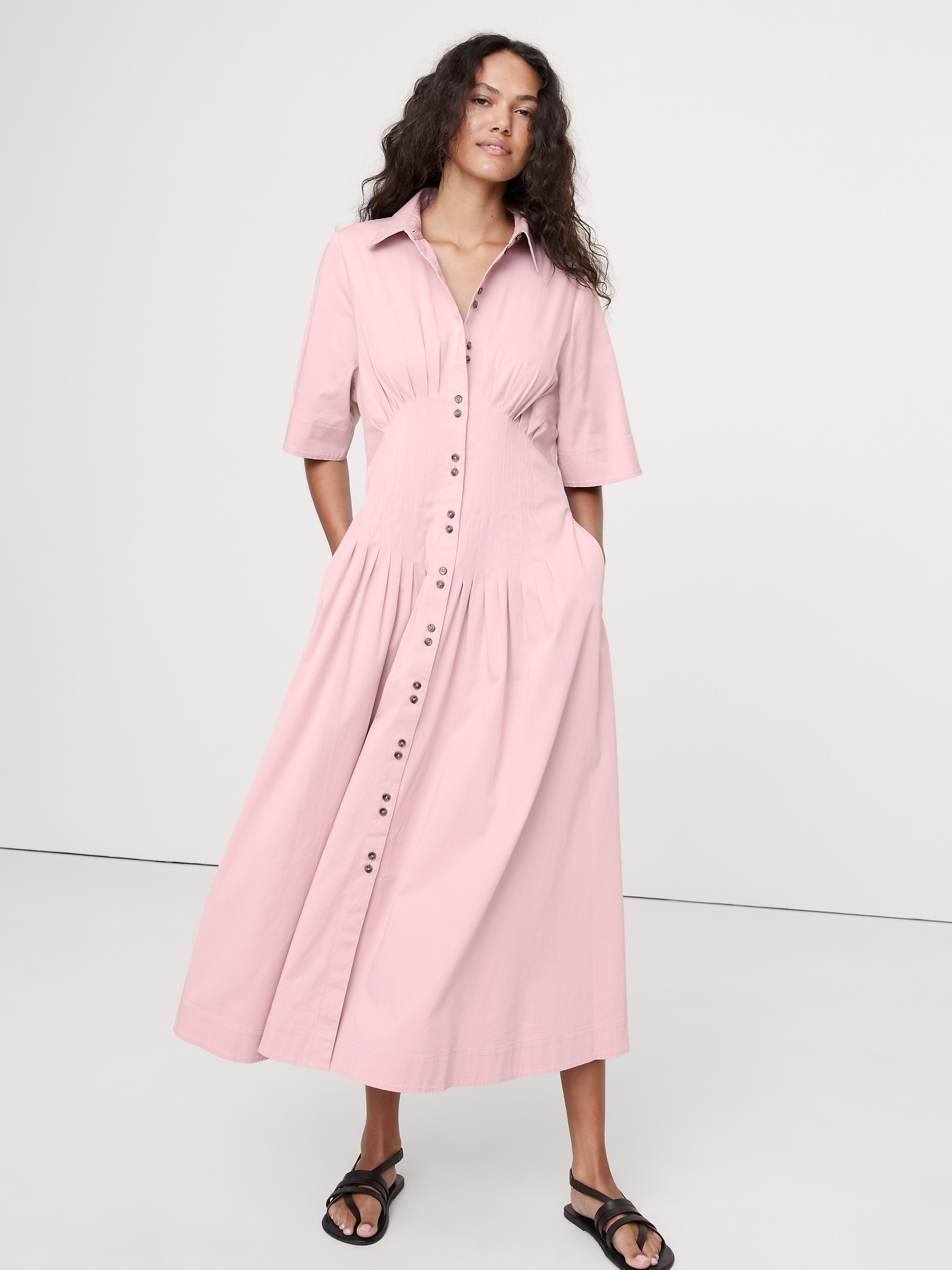 Image number 7 showing, STRETCH-COTTON POPLIN PINTUCK LONG-MIDI SHIRT DRESS